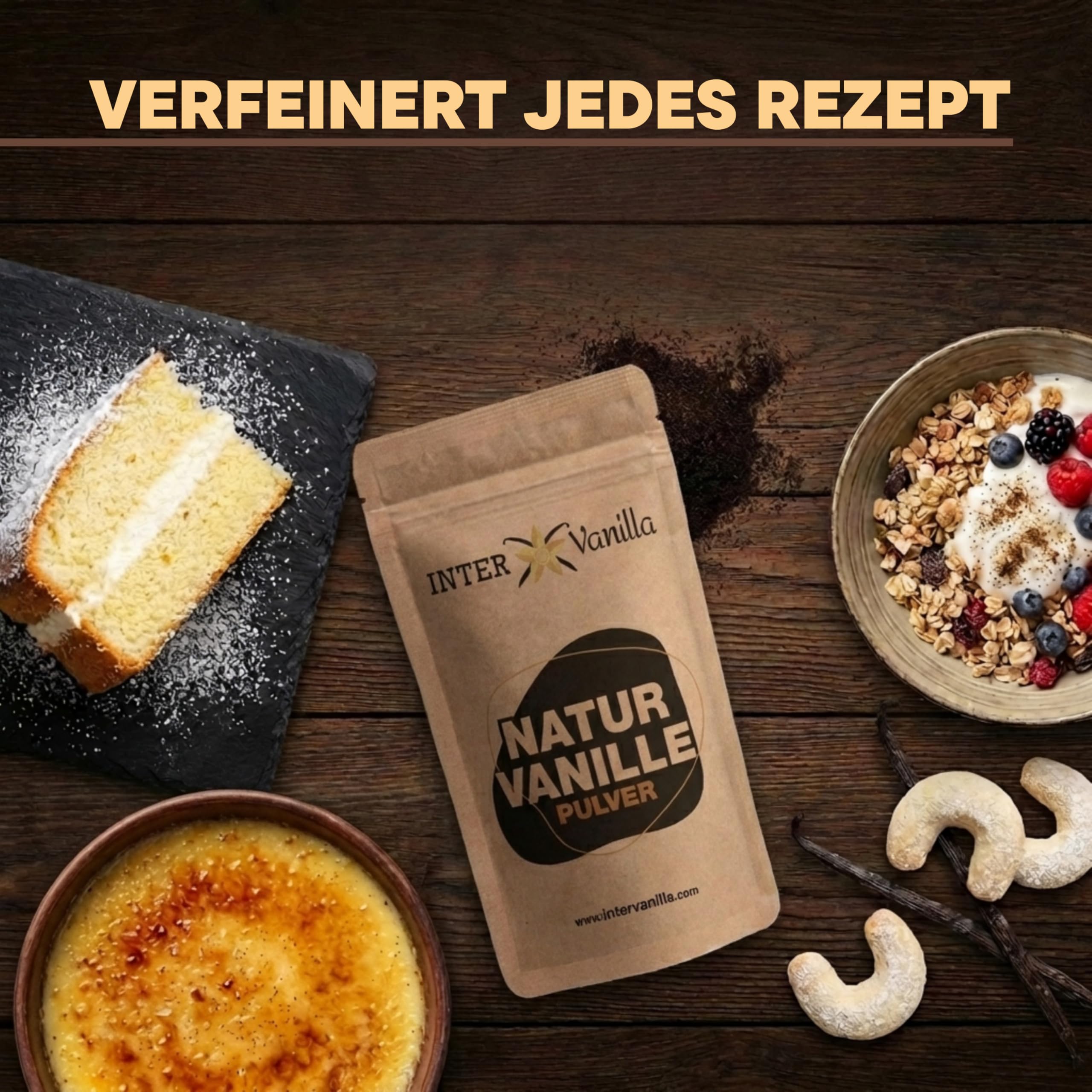 InterVanilla Natur Vanille gemahlen VANILLEPULVER, 100g aus 100% echten Premium Vanilleschoten. Vanilla bean powder. Ohne Zusätze, ohne Zucker