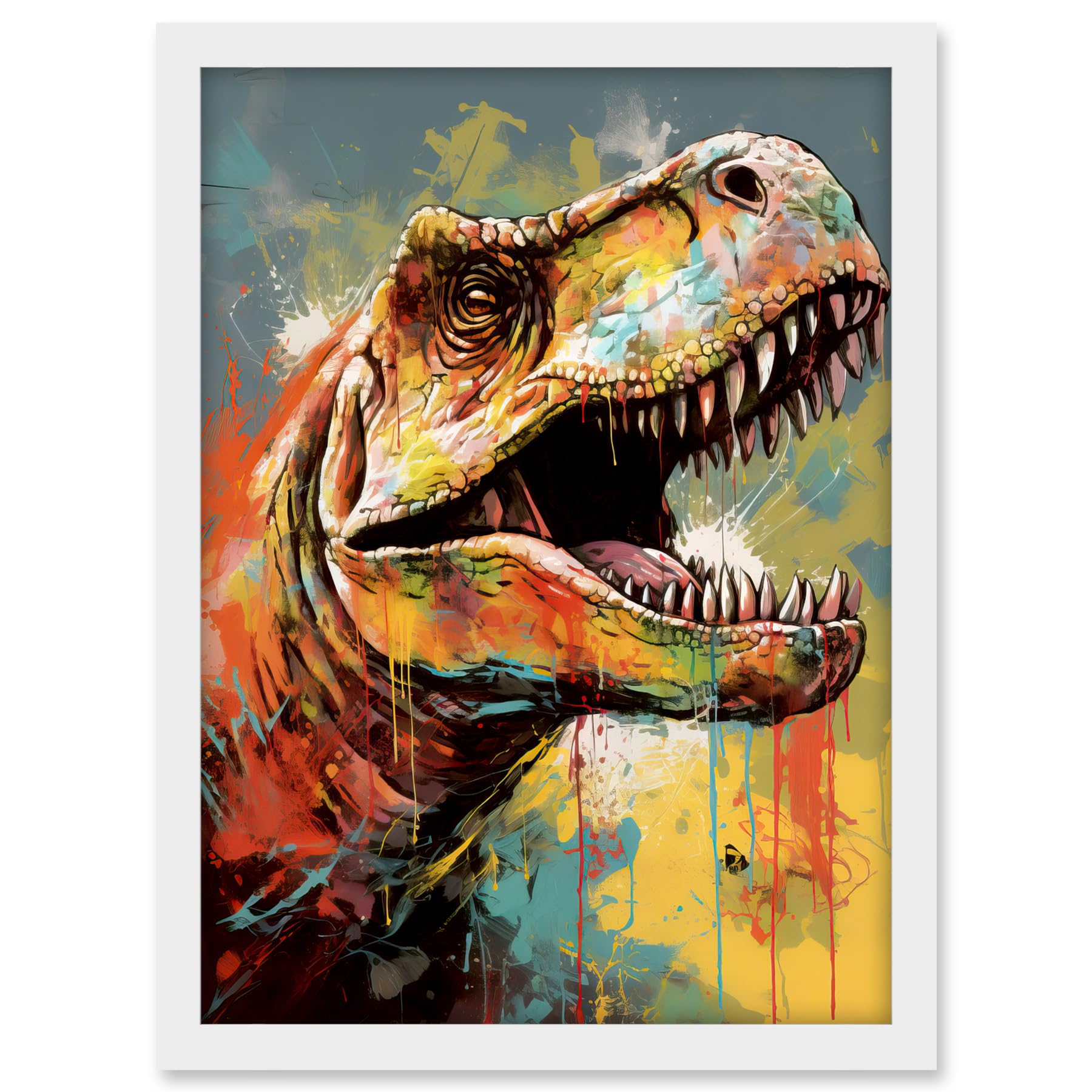 Artery8 T-Rex Roaring Dinosaur Multicoloured Portrait Artwork Framed A3 Wall Art Print