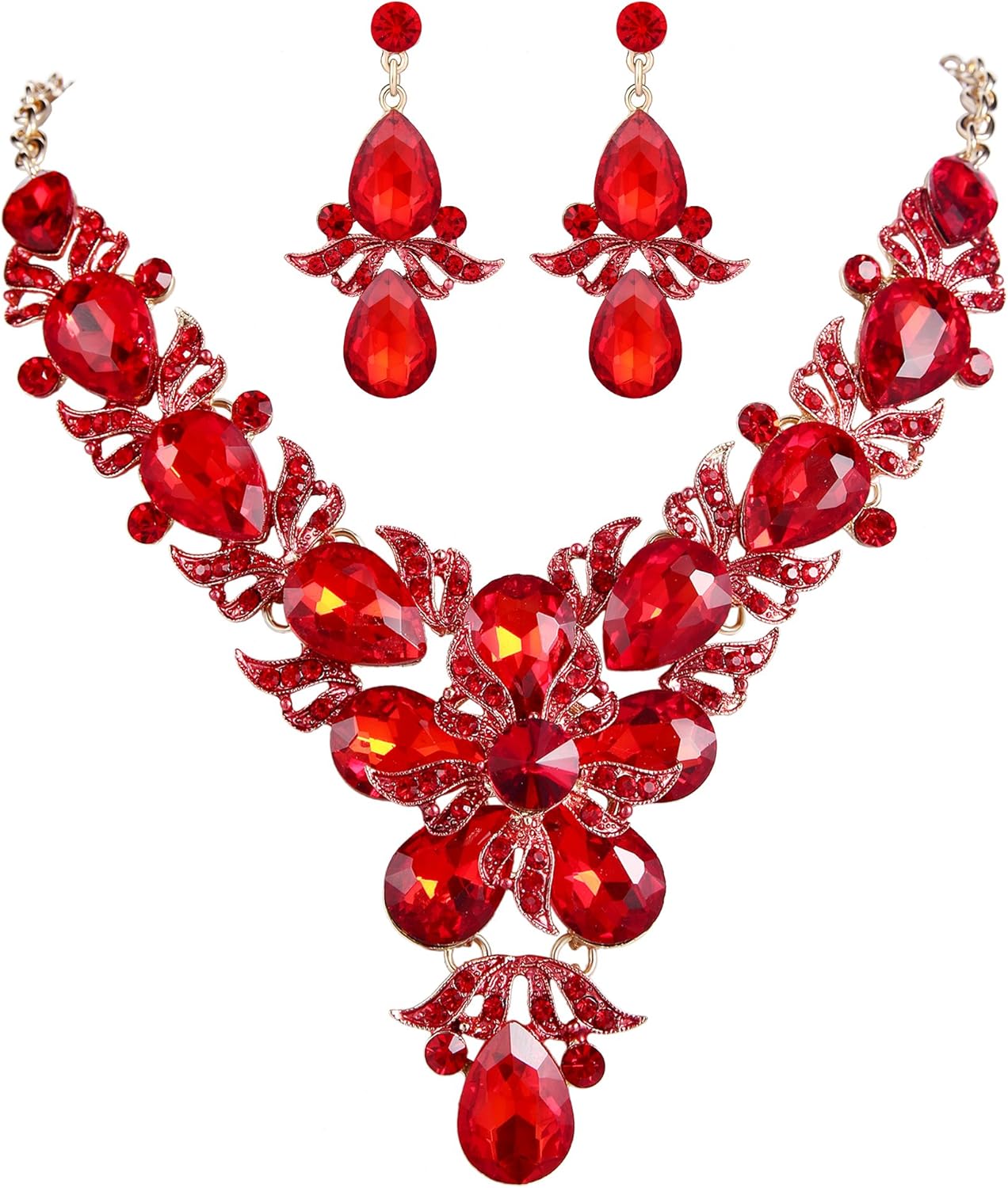 EVER FAITH Rhinestone Crystal Elegant Wedding Flower Leaf Teardrop Necklace Earring Set