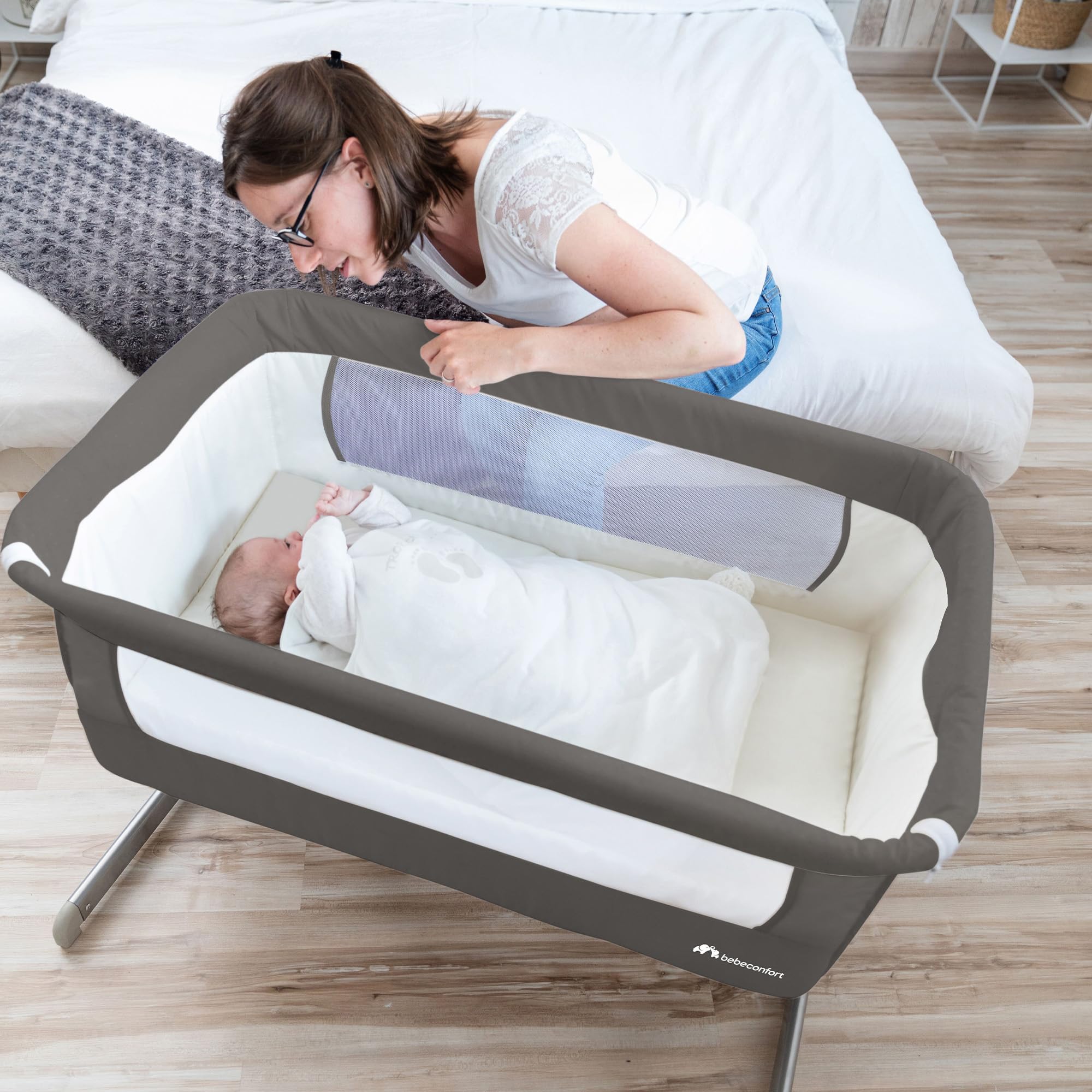 Bebeconfort Calidoo Lit Cododo Bébé Berceau 2-en-1 0-6 mois 0-9 kg Inclinable 5 Hauteurs Grand Matelas Rembourré Côtés Filet Gris Gris