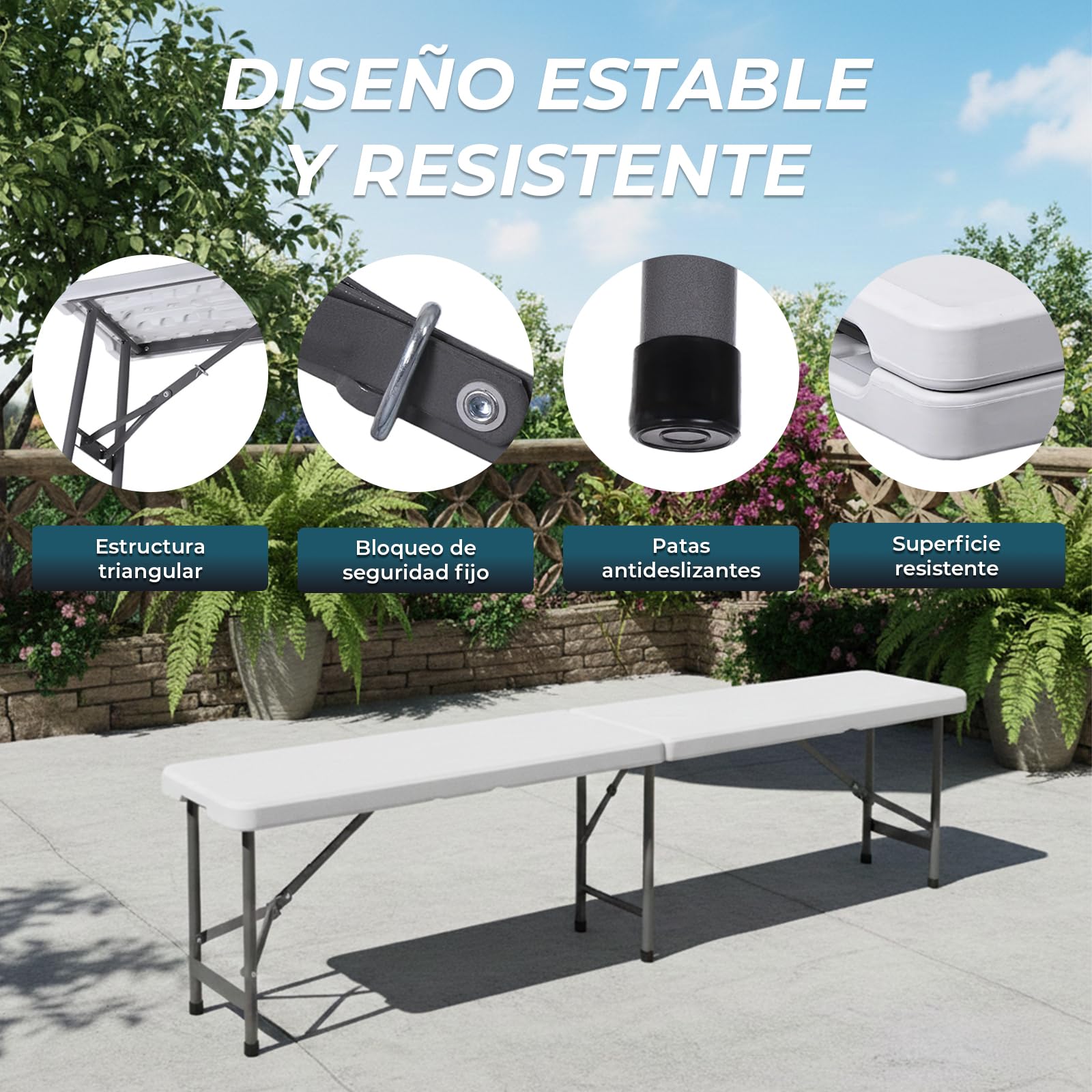 YOEVU Banco Plegable Portátil Multifuncional, Plástico HDPE, 183x28x43cm, Capacidad 300kg, para Jardín Exterior Camping y Patio, Moderno, Blanco