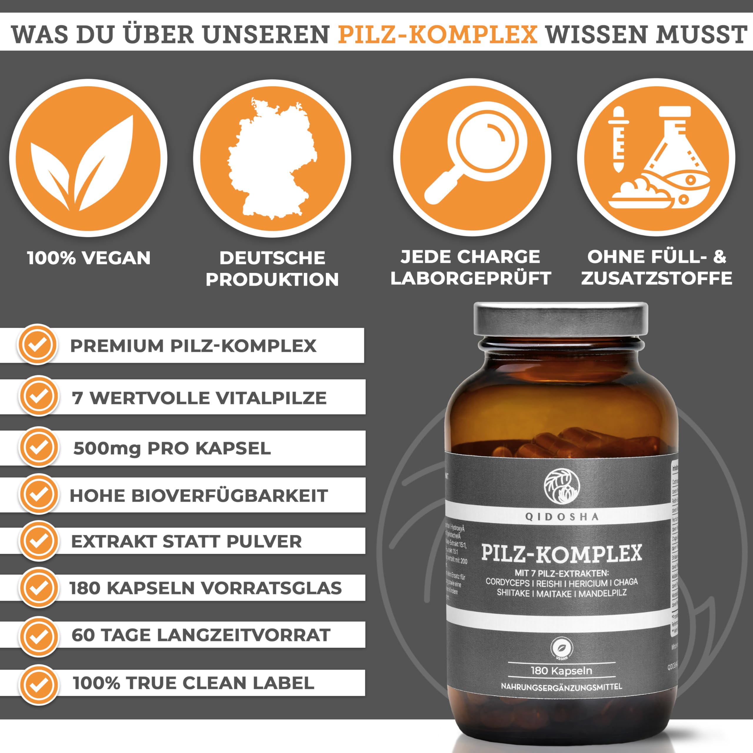 QIDOSHA® Pilz Komplex Kapseln, 180 Stk im Apothekerglas, hochreine Dual-Extrakte aus den 7 Vitalpilzen Cordyceps, Reishi, Hericium, Chaga, Maitake, Shiitake, Agaricus blazei (Mandelpilz), vegan