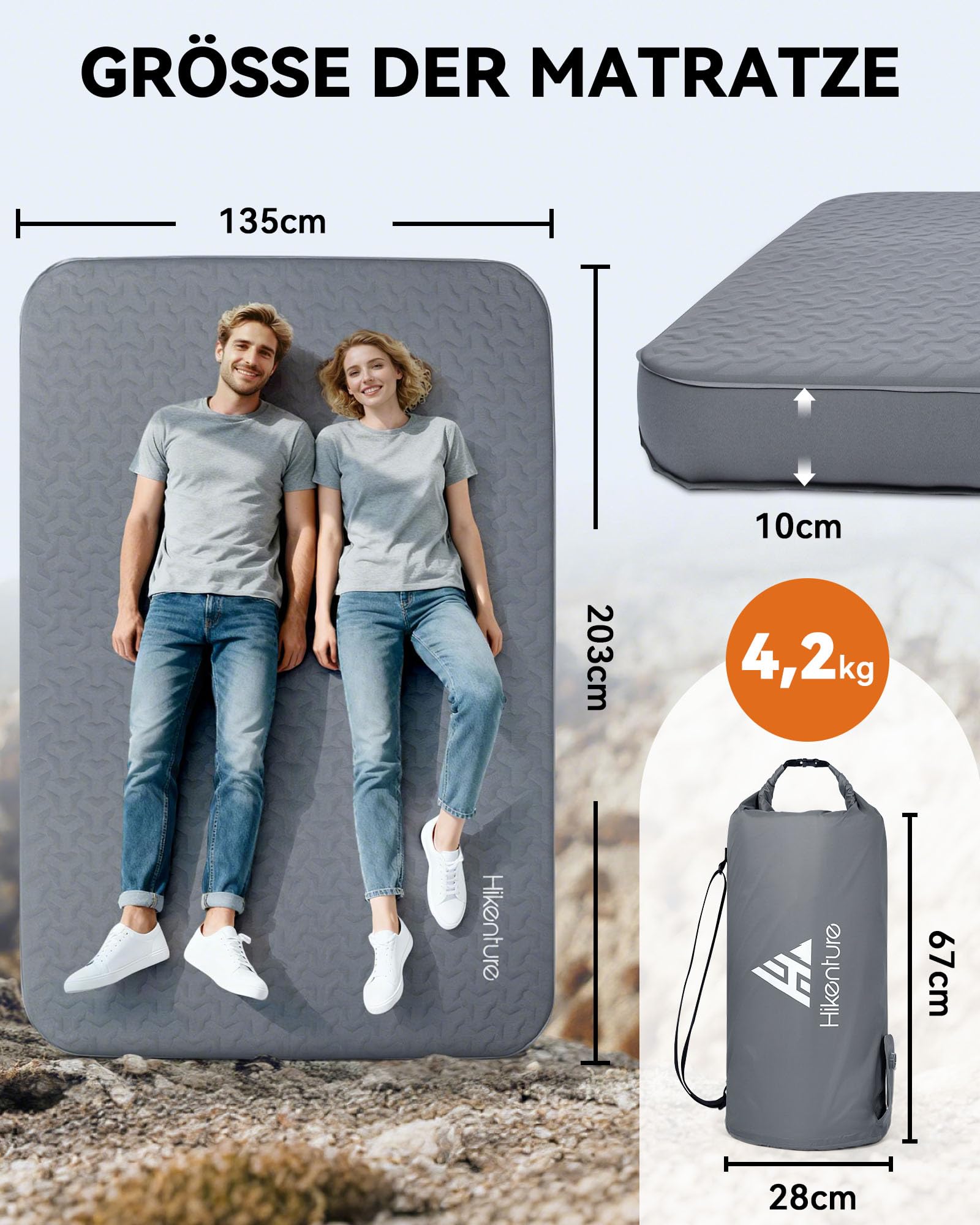 HIKENTURE Materac kempingowy o grubości 10 cm, karimata samopompująca o wartości 9,5 R, konstrukcja 3D, materac dmuchany z pianką, wygodna mata do spania z workiem z pompką, na kemping, do aktywności