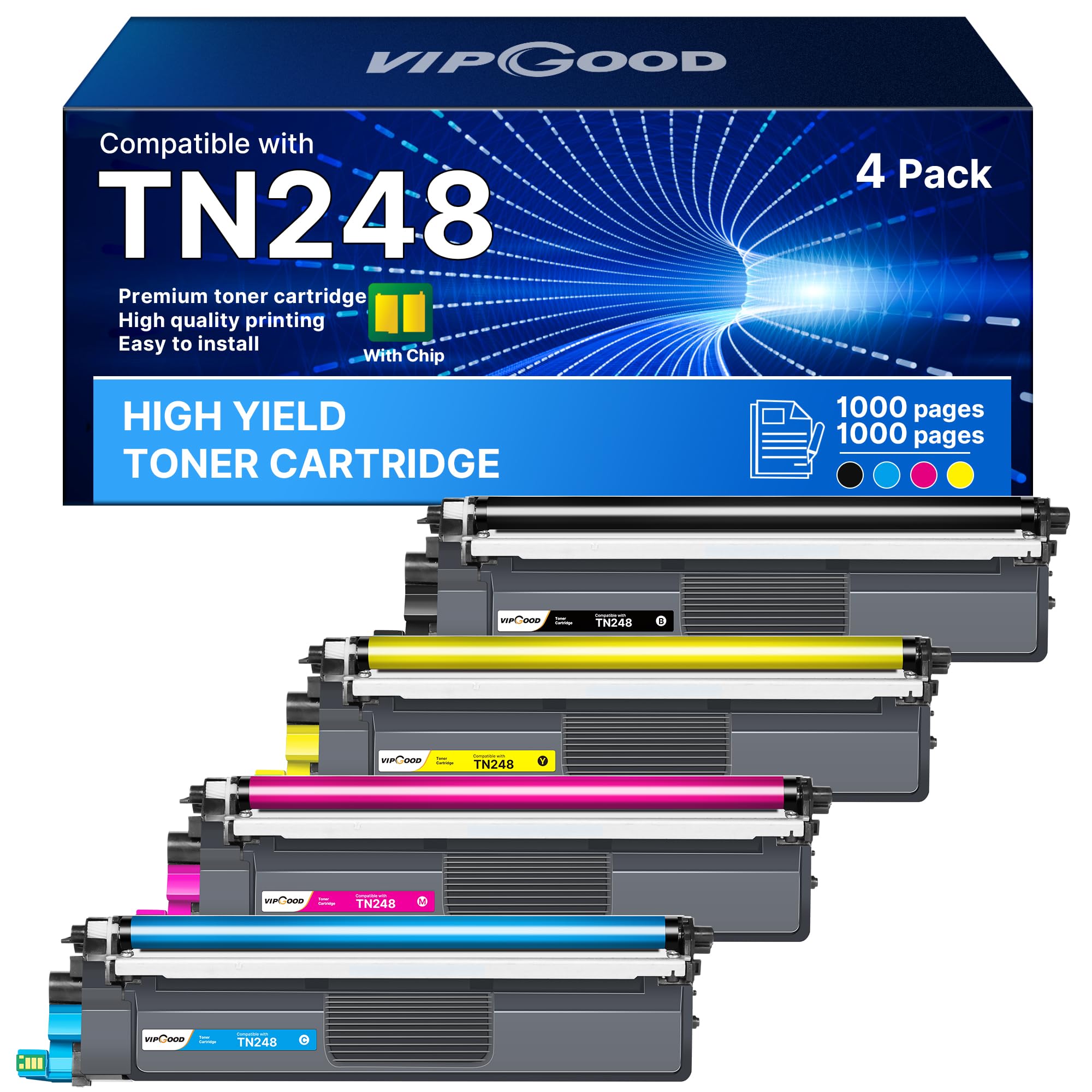 VIPGOOD TN248 TN-248 Toner Compatibile per Brother TN248XL TN 248 (4-Pack) | Compatibili per Brother MFC-L3740CDW DCP-L3560CDW MFC L3760CDW DCP-L3520CDW HLL3240CDW HL-L3220CW (Nero Ciano Giallo Magenta)