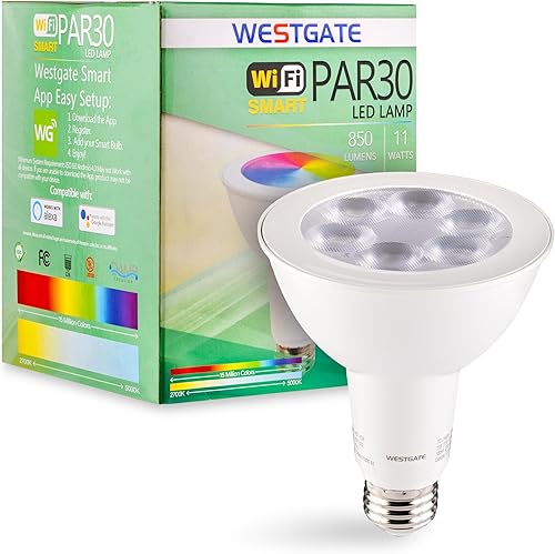 Westgate Bombilla TC-PAR30-11W-RGBW-WIFI PAR30 RGBW -120VAC, luz de inundación LED de 11 W, base E26, compatible con Alexa y Goggle Home, cambio de