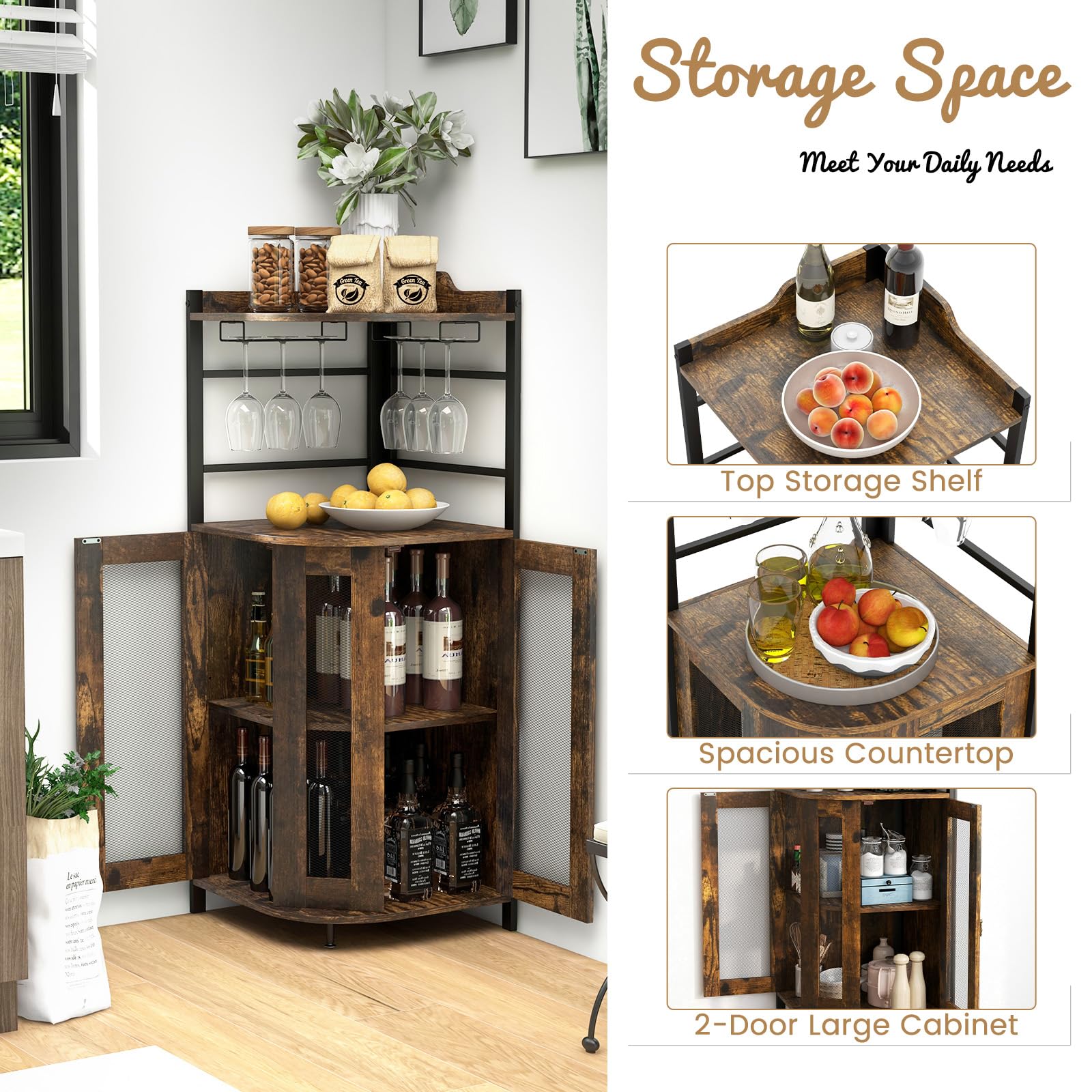 KOMFOTTEU Barschrank mit verstellbarem Regal, Eckschrank Holz mit Glashalter & Metallgittertüren, Weinschrank Barwinkel für Küche, Wohnzimmer, Esszimmer, 46 x 46 x 130 cm (Braun)