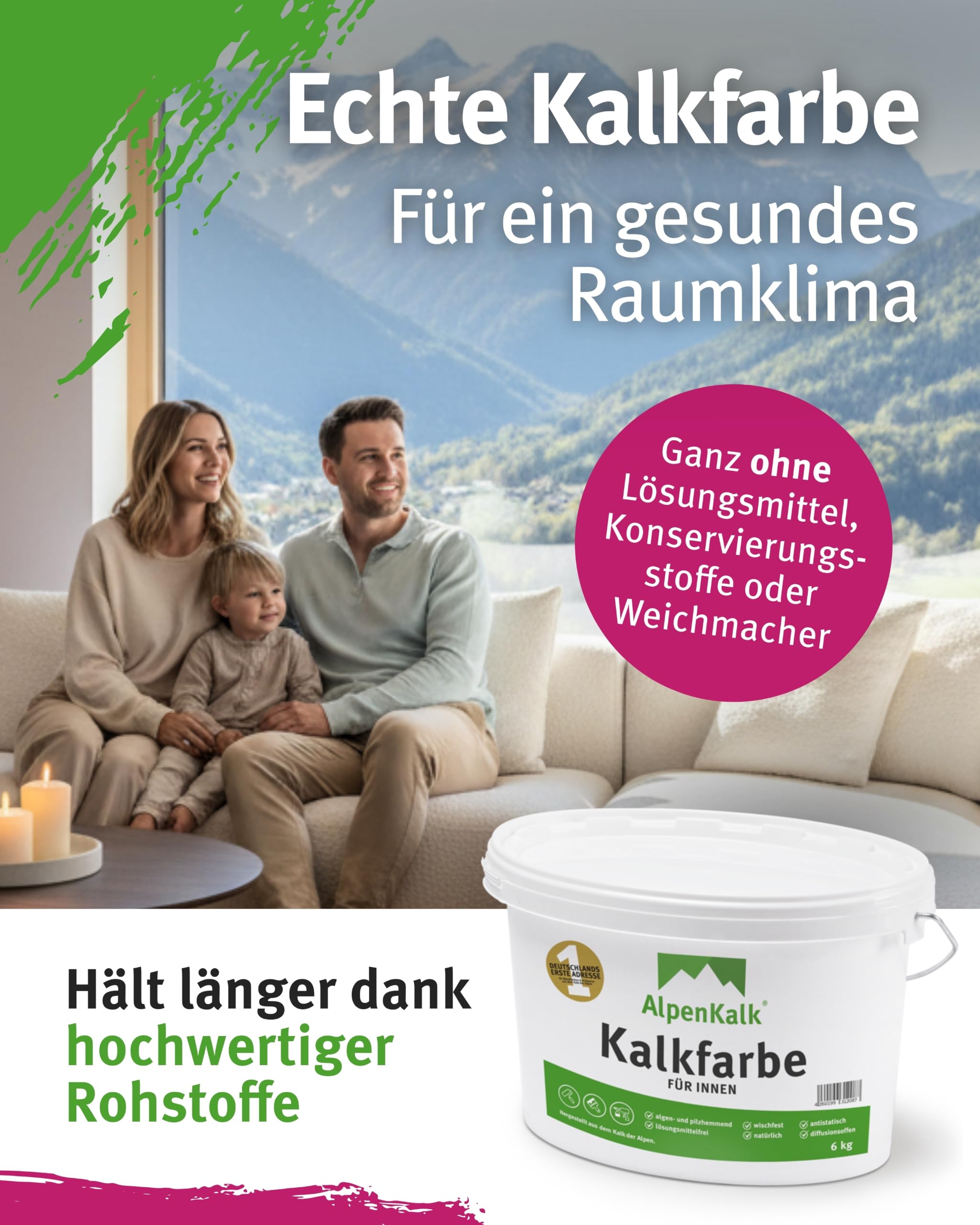 Weiße Kalkfarbe & Wandfarbe für Innenräume I 6 kg für ca. 30m² I Hochdeckend & wischfest für natürliches Raumklima I Atmungsaktiv mit Anti-Schimmel Formel I Für Allergiker & Kinder
