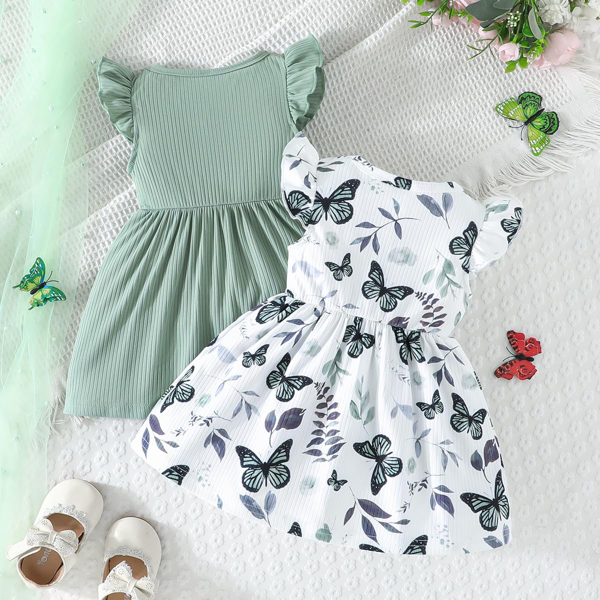 UUAISSO Mädchenkleid mit Schmetterlingsmuster Schleife Rüschen ärmellos süßes gepunktetes Kleid für Mädchen Sommerkleidung - 5