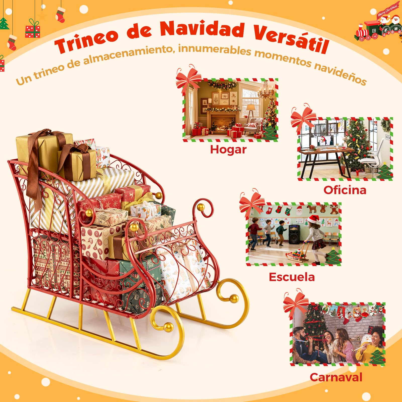 COSTWAY Trineo de Navidad de Metal, 85 x 42 x 61,5 cm, Trineo de Papá Noel de 2 Niveles para guradar Regalos Navideños, Carritos Trineos Decorativos, Adornos de Navidad para Interior, Diseño Calado