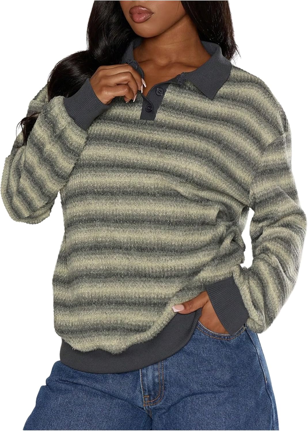 MakeMeChic Women's Striped Sweater Button Up Long Sleeve Rugby Shirt Preppy Pullover Tops