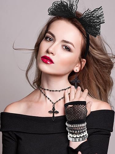 Miniatura 6 de 7 piezas de accesorios de disfraz de los años 80 para mujer, pulsera punk de cuero para Halloween, collar de cruz negra, diadema de encaje, guante