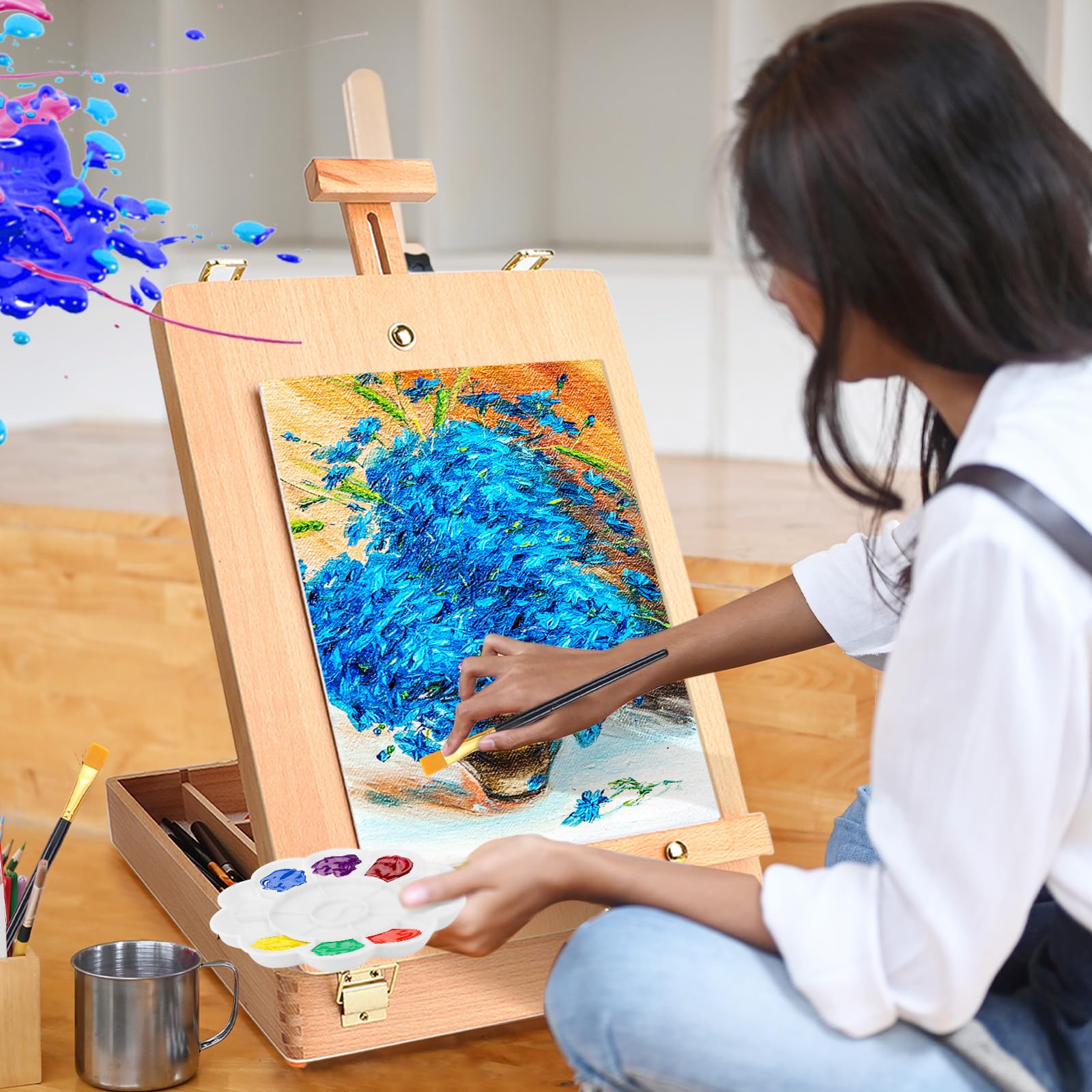 Juego de caja de caballete de arte de mesa, kit de pintura de 26 piezas para artistas adultos y principiantes, soporte de caballete con 12 pinturas acrílicas, 12 hojas de almohadilla acrílica,