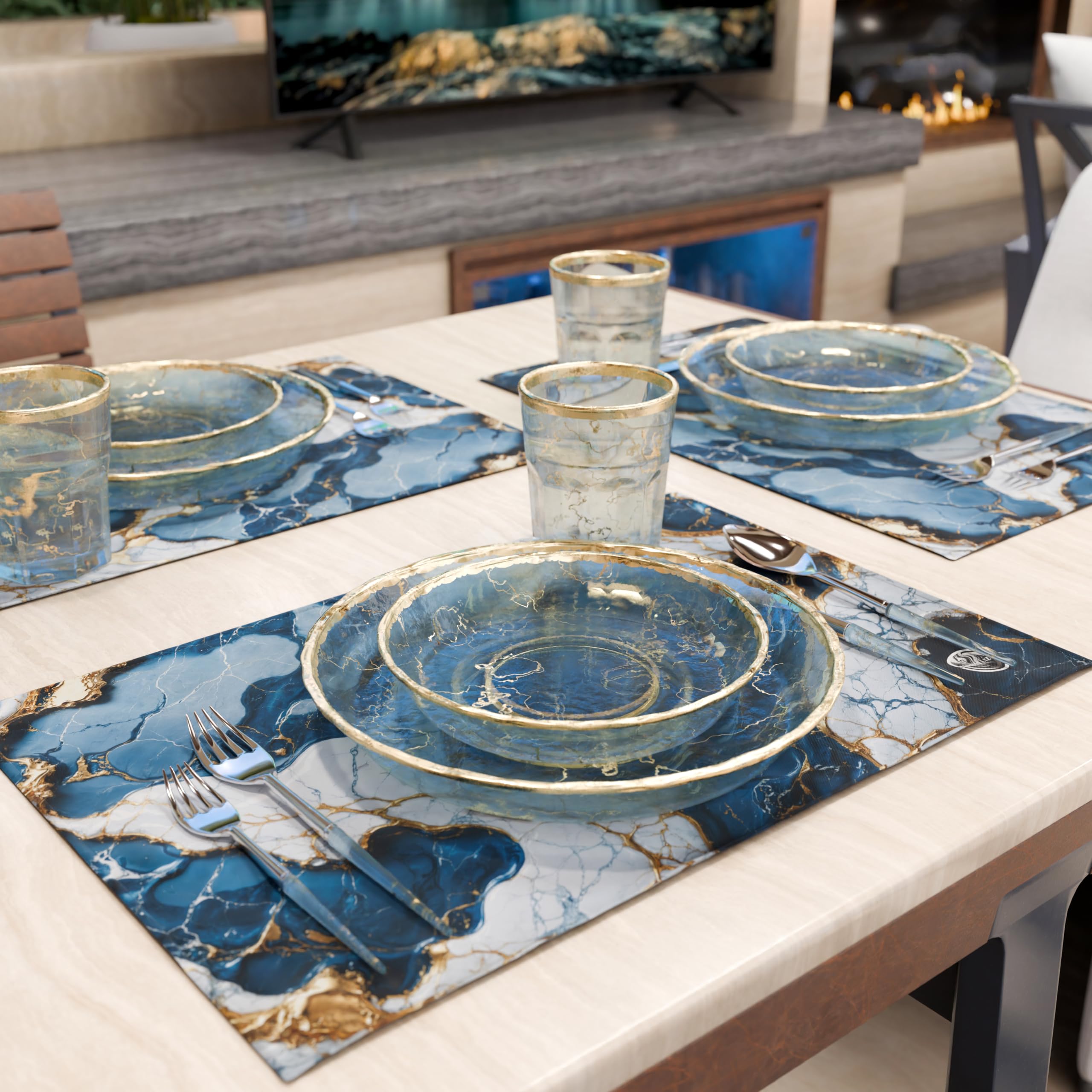 MARBLELIZED, Washable American Placemats, Blue Marble Effect Fabric Placemats, Set of 2 (30 x 45 cm), Elegant - Image 2