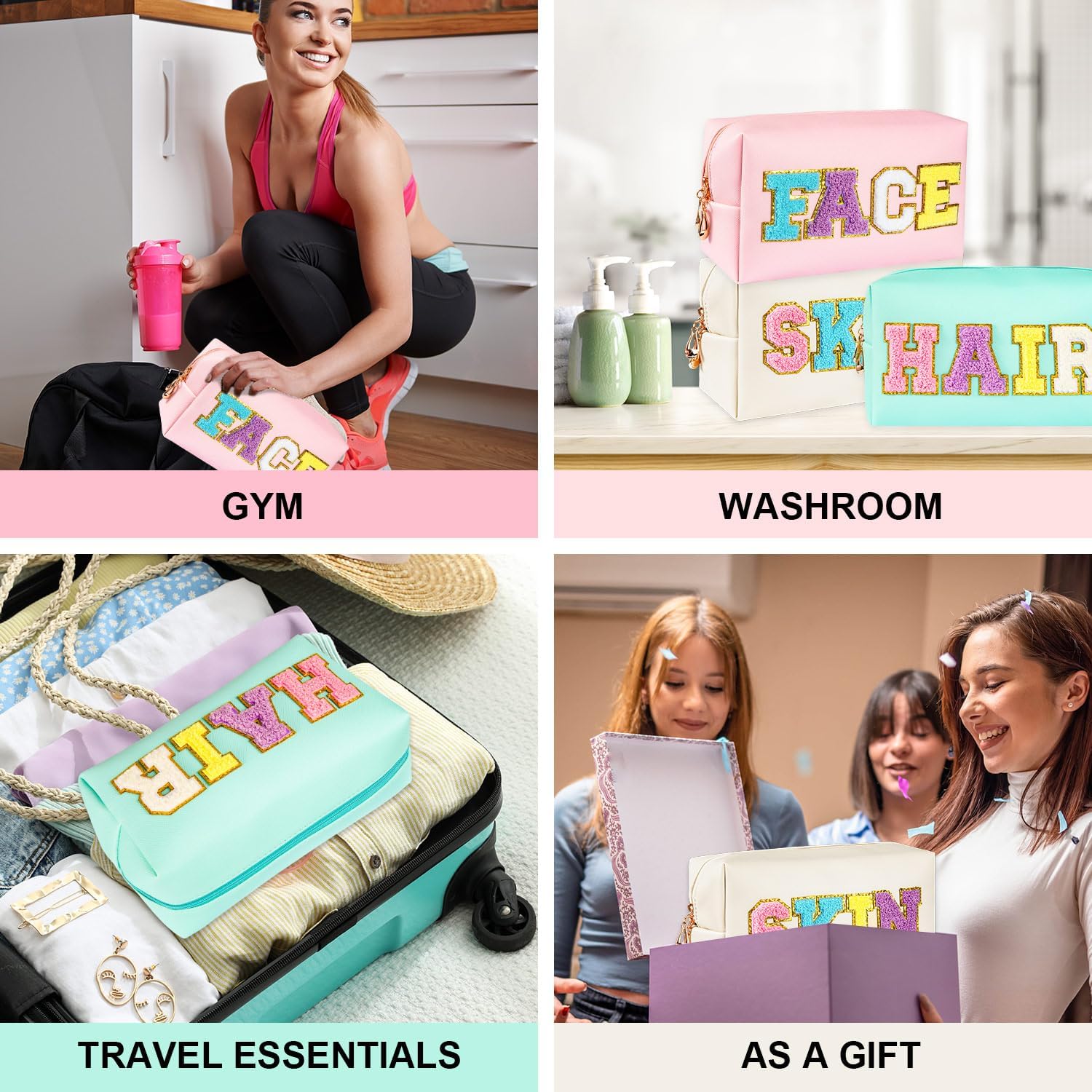 ZAUGONTW 3 Pcs Preppy Patch Makeup Bag Chenille Letter Bag, PU Leather Waterproof Toiletry Hair Bags with Nylon Zipper Patches Makeup Organizer Bags Set for Women - Image 7