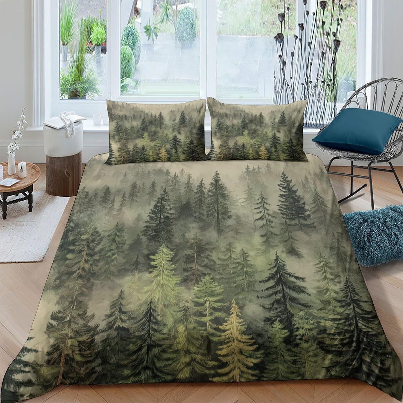 GPLZQXKJNH 3D Printed Forest Landscape Duvet Cover Microfiber Soft Woodland Trees Bedding Set with 2 Pillowcases for Bedroom Decor Single（135x200cm）