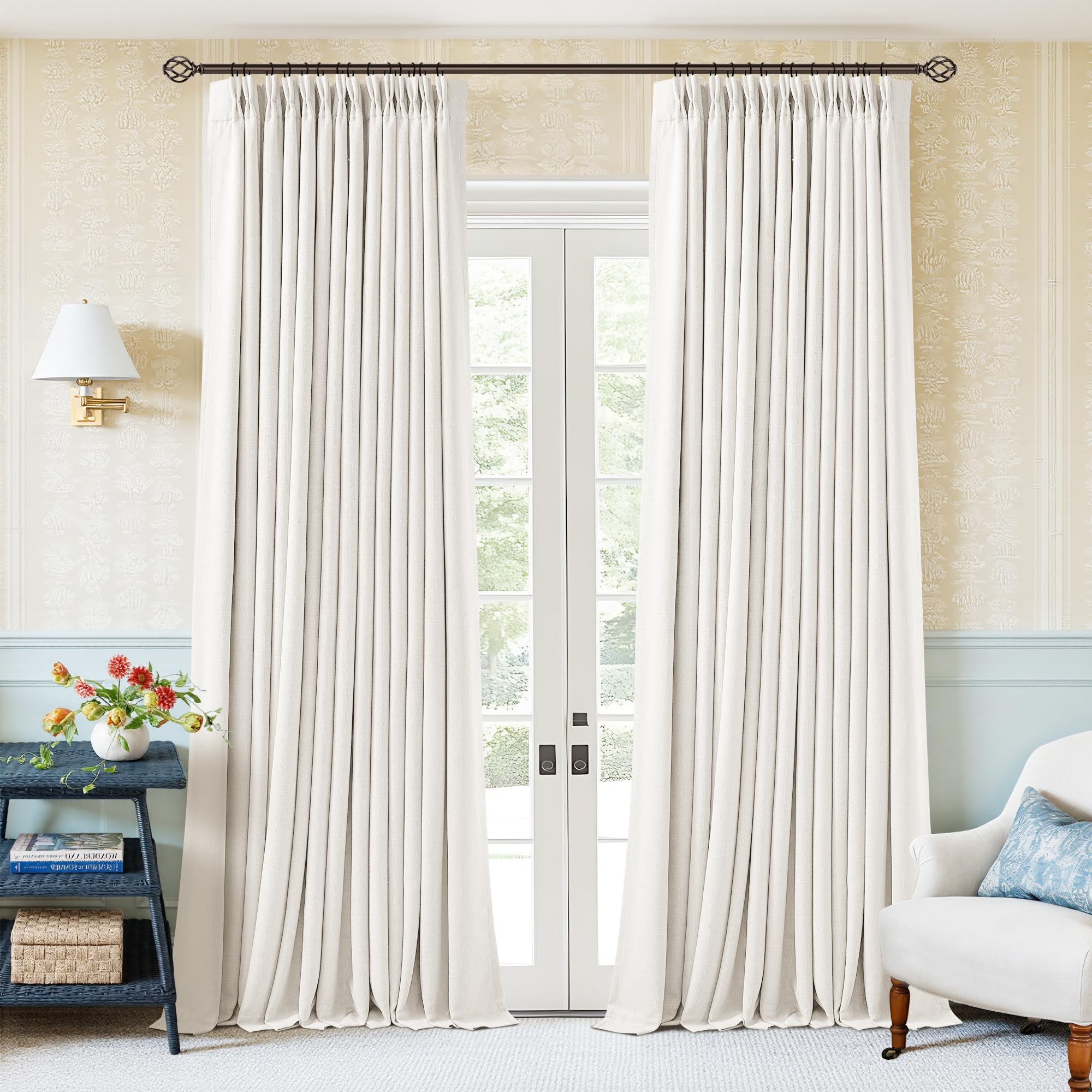 Photo 1 of 105 Inch Pinch Pleated Blackout Linen Curtains for Bedroom 2 Panels Memory Trained 100% Black Out Soundproof Room Darkening Ivory Beige Off White Window Curtains Double Layer Pinch Pleat Drapes