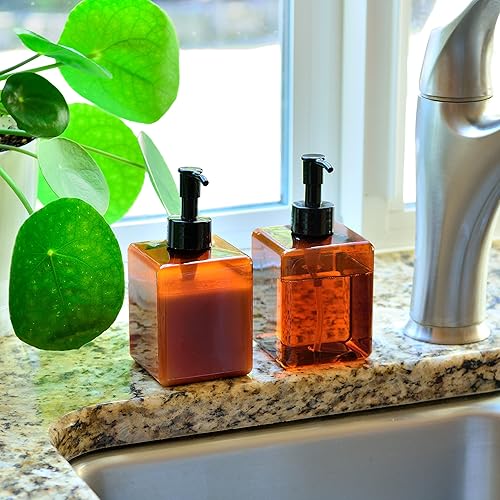 Miniatura 3 de Youngever Paquete de 5 botellas cuadradas de plástico ámbar, botellas de bomba de plástico recargables para dispensar lociones y champús (12.2 fl oz)