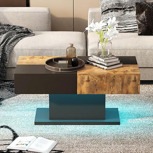 Miniatura 15 de Mesa de centro LED para sala de estar, mesa central rectangular, mesas de centro modernas de madera de alto brillo con luces LED de 16 colores para