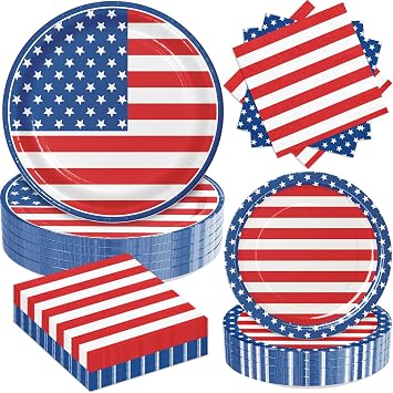 4th of July Party Supplies Set,180pcs Patriotic American Flag Themed Plates and Napkins,for Memorial Day,Patriotic & 4th of July Party Decorations
