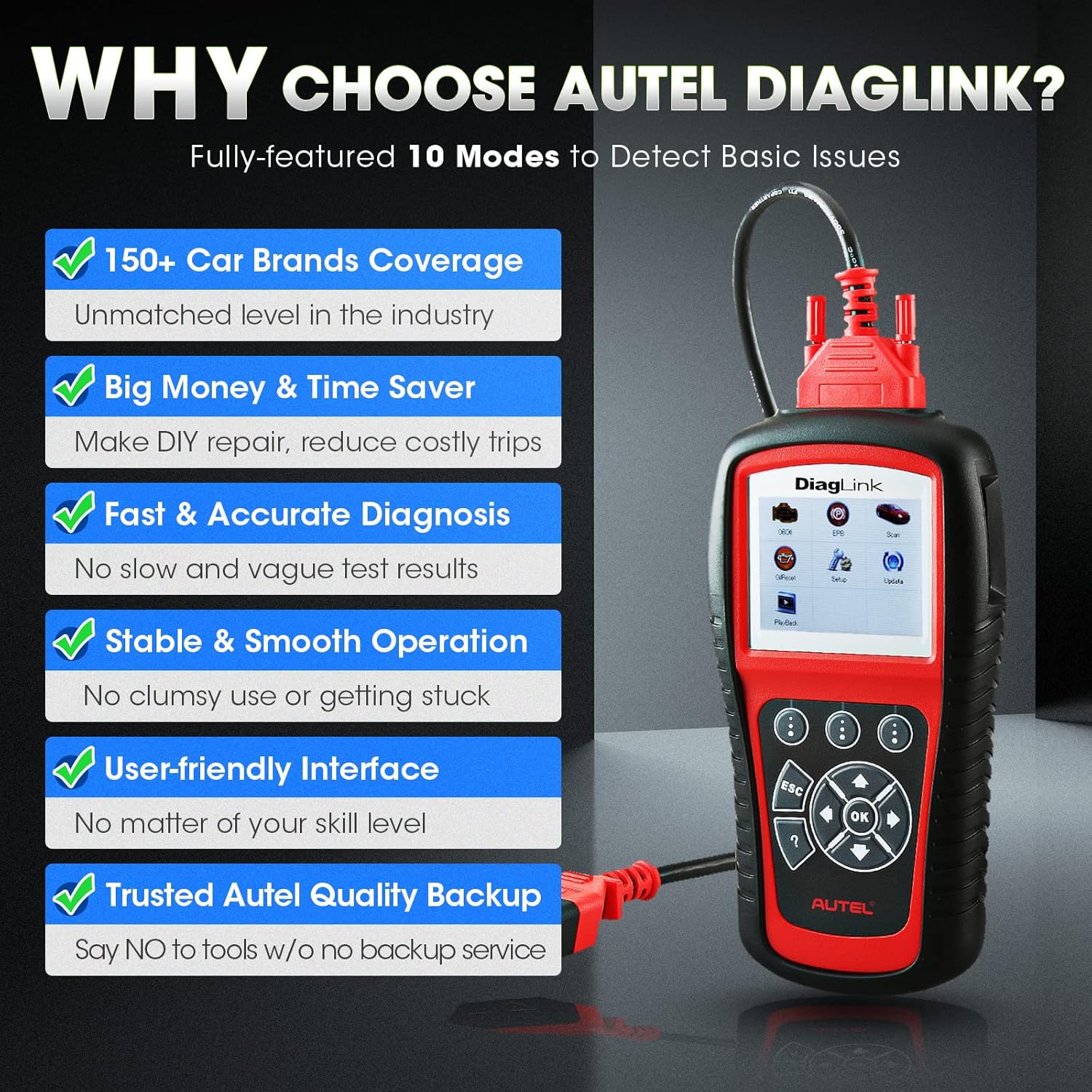 Autel OBDII OBD2 Code Reader Diaglink (DIY Version of MD802) All Systems/Modules Diagnostic for ABS, SRS, Engine, Transmission, EPB, Oil Reset