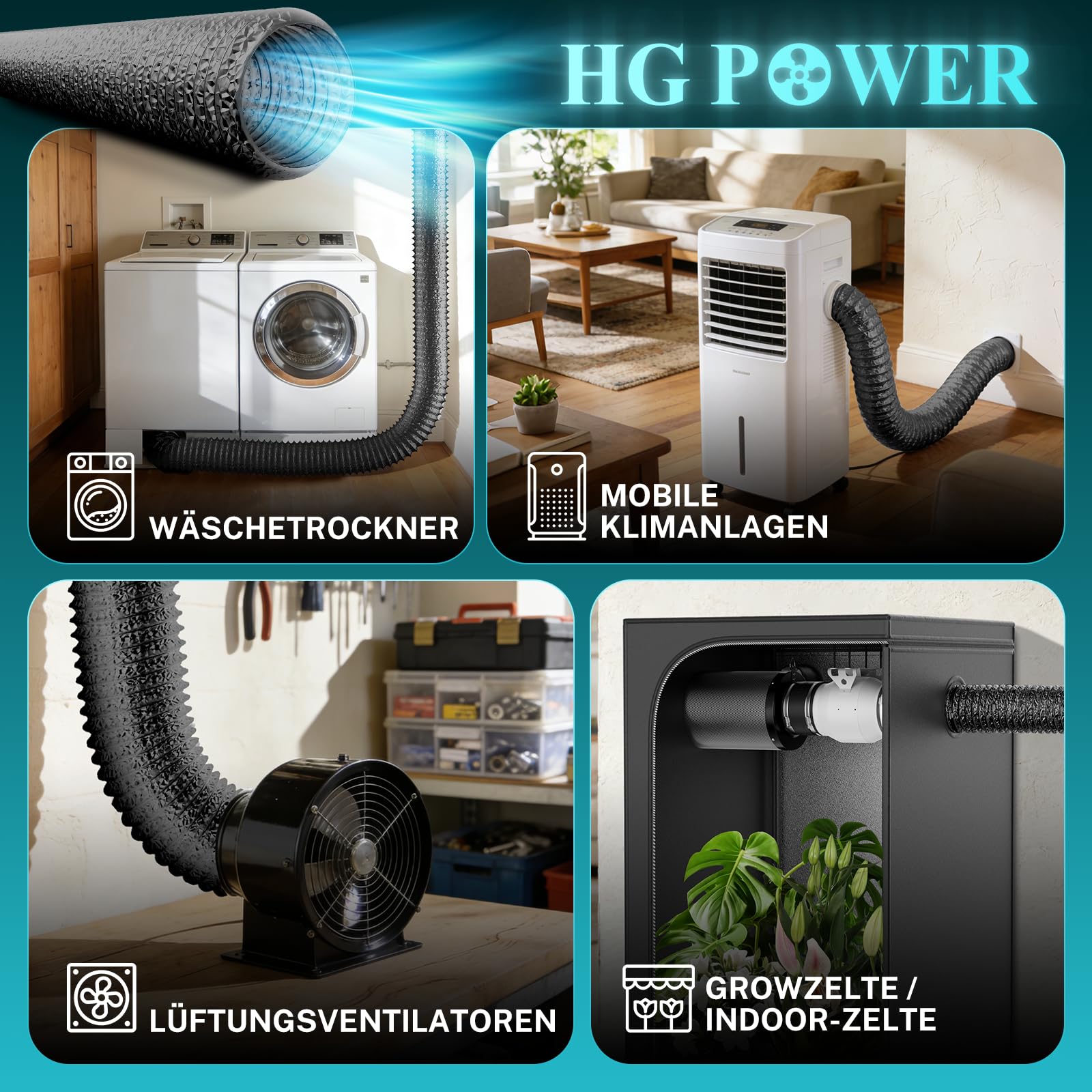 HG Power Tuyau en aluminium de 150 mm de longueur de 2 m renforcé et flexible avec 2 colliers de serrage pour hotte aspirante, ventilateur de tuyau, sèche-linge, climatisation, noir