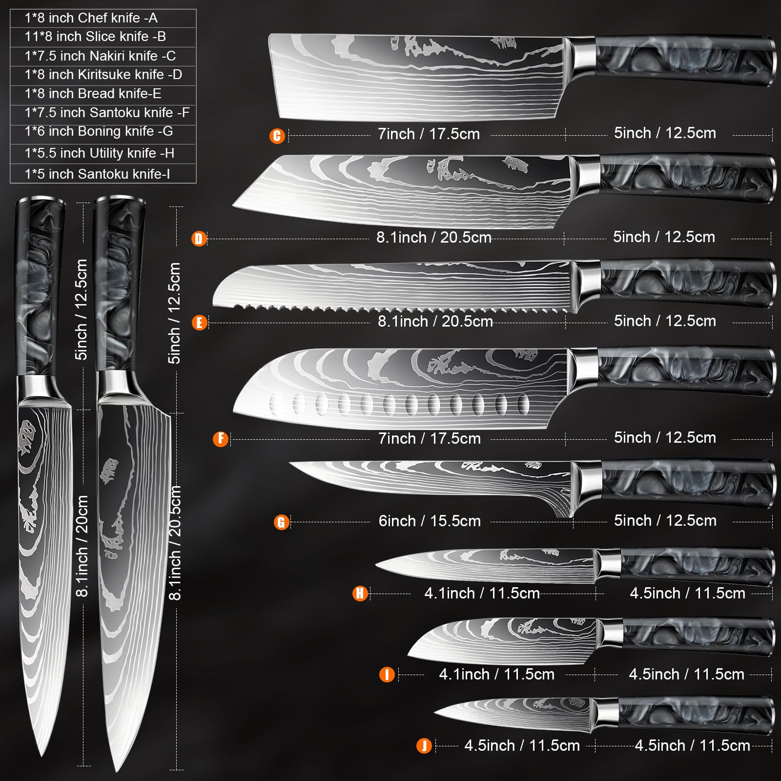 Set Coltelli da Cucina, 10pz, con Coltelli da disosso, Coltelli per frutta e Coltelli da Chef, Manico in resina, Acciaio Inossidabile, Damasco, set coltelli da cucina professionali(Nero)