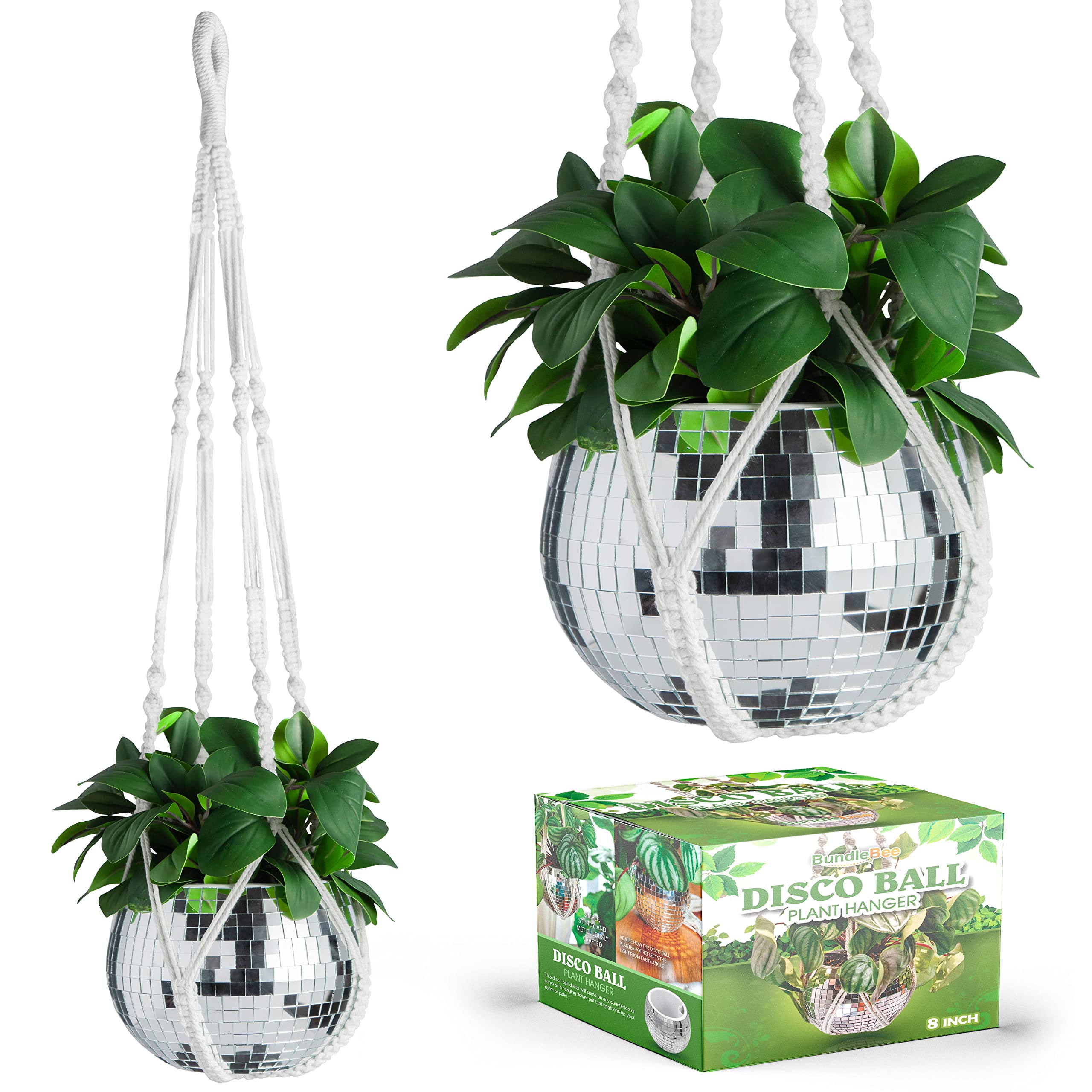Disco Ball Planter with Macramé Cotton Rope Plant Hanger - 8 Inch - Mirrored Flower Pot with Flat Bottom, Self Watering Insert for Indoor and Outdoor Plants - Boho Style Décor, Simple Fun Room Decor