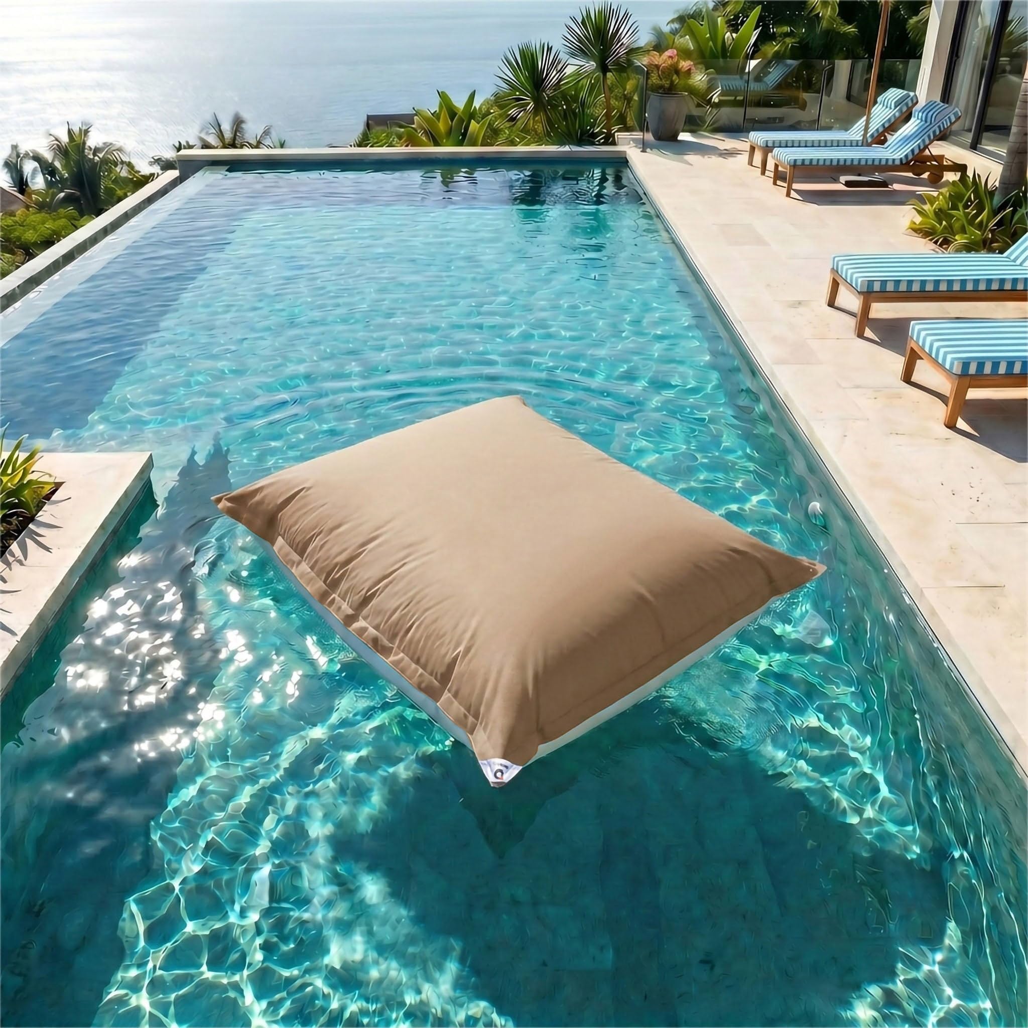 Pouf da Esterno Gigante XXL 180x140cm Imbottito (Non Gonfiabile) Galleggiante Piscina - Pouf Giardino Impermeabile Sfoderabile - Riempimento 450L Palline Polistirolo - Beige