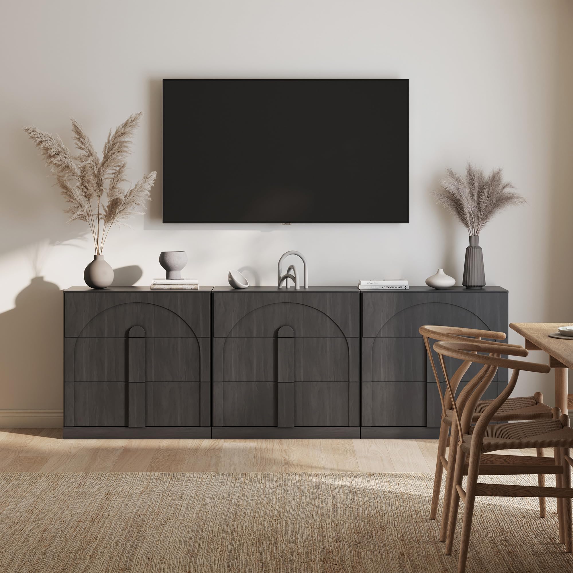 BELLEZE 65 Inch Fluted Buffet Cabinet with Storage, Symmetrical Arc Accent Sideboard Large Console Table for Dining Room, Kitchen, and Living Room (Camel) — view 58