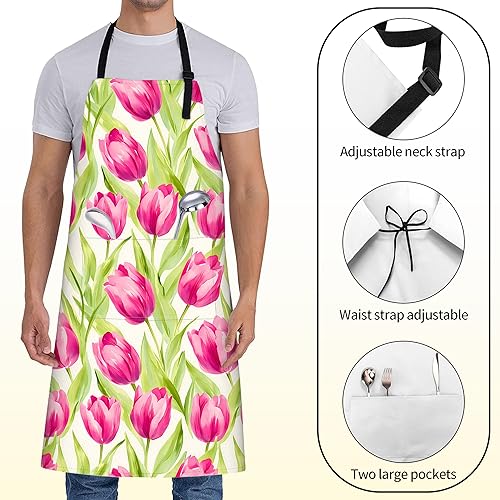 Miniatura 2 de Delantal floral para mujer con tulipán rosa, 27 x 31 pulgadas, delantales de cocina de jardín de primavera con 2 bolsillos, tela Oxford, delantal