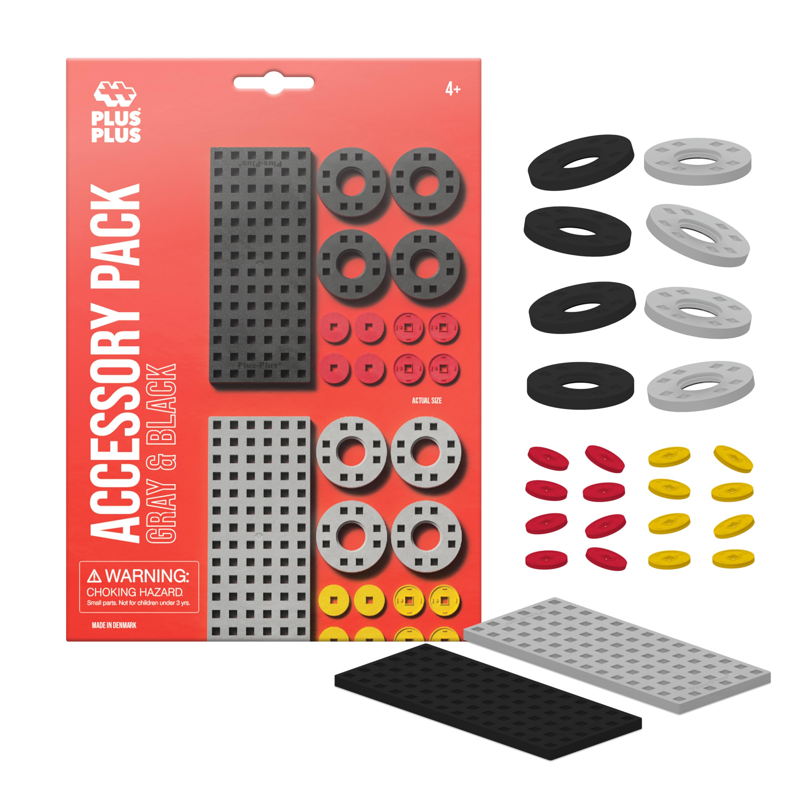 PLUS PLUS Accessory Pack, 2 Baseplates, 8 Wheels, Car Plane Train Building Pieces, Stem Construction Parts for Kids - Gray & Black