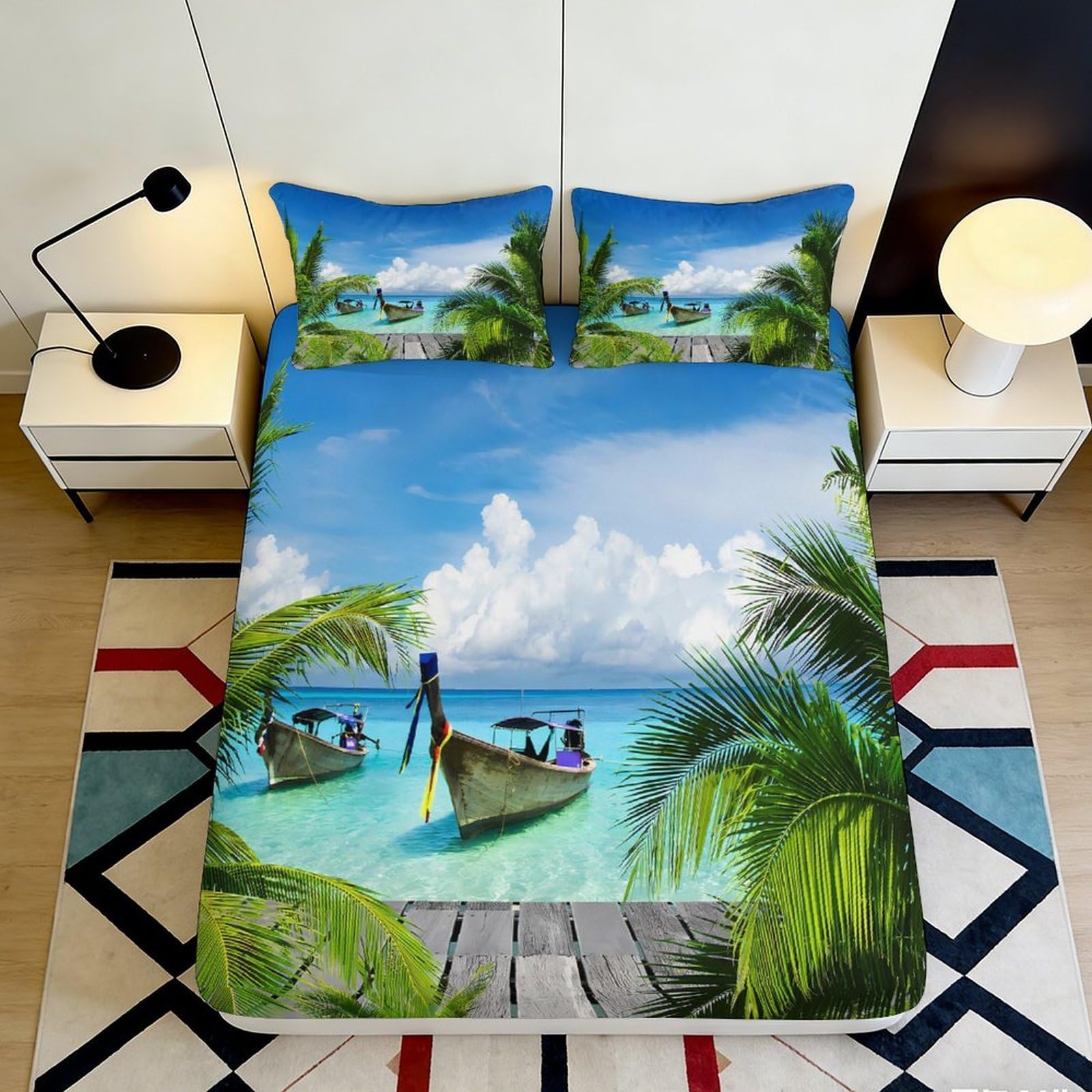 3D Printed Tropical Scenery Fitted Sheet Microfiber Deep Pocket Non-Slip Bedroom Bedding Island View Mattress Fitted Cover 140x200x25cm