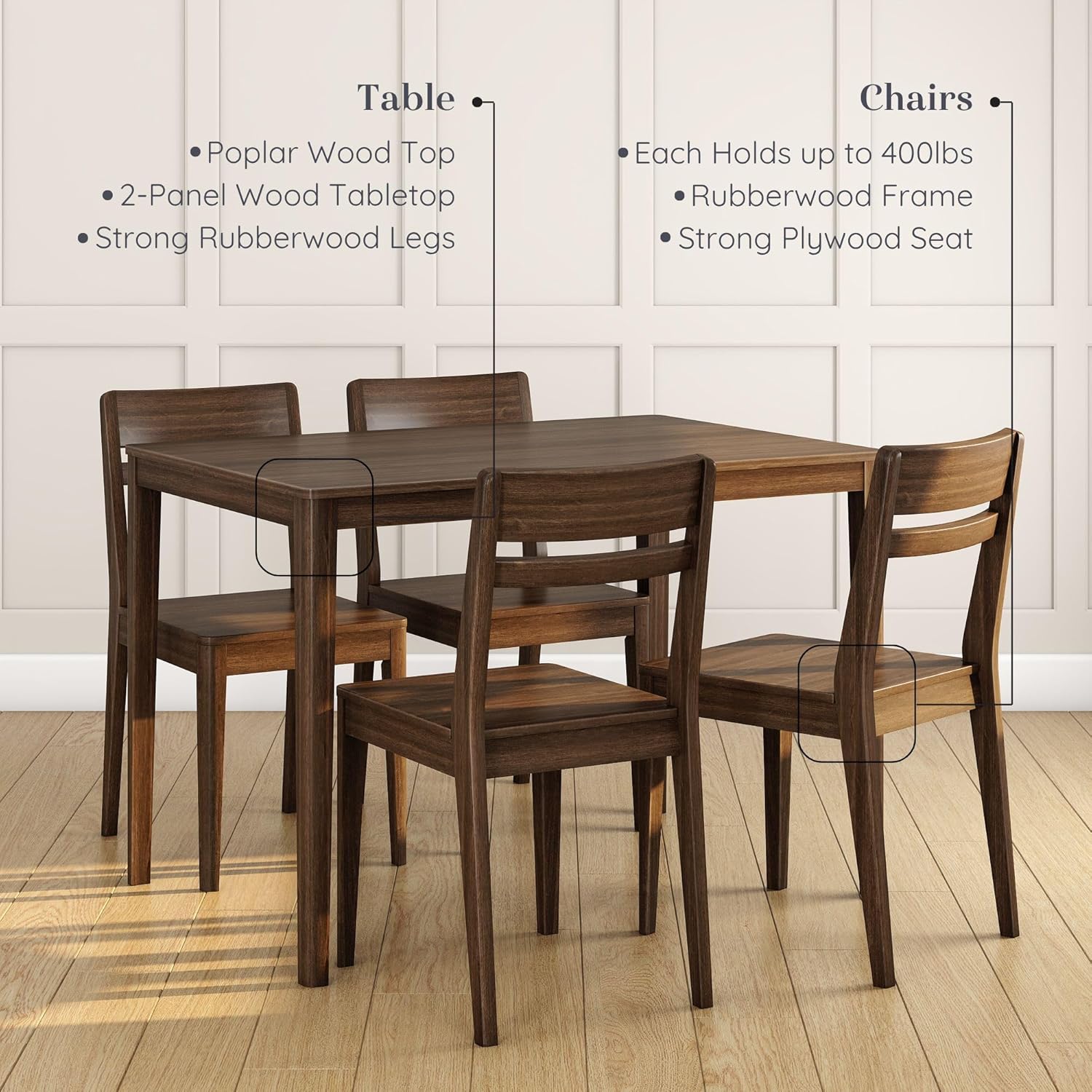 Grain & Grove Crew 5-Piece Dining Set – Solid Wood 43” Rectangular Table and 4 Chairs, Seats 4, Small Kitchen or Dining Room Set, Easy Assembly, Walnut