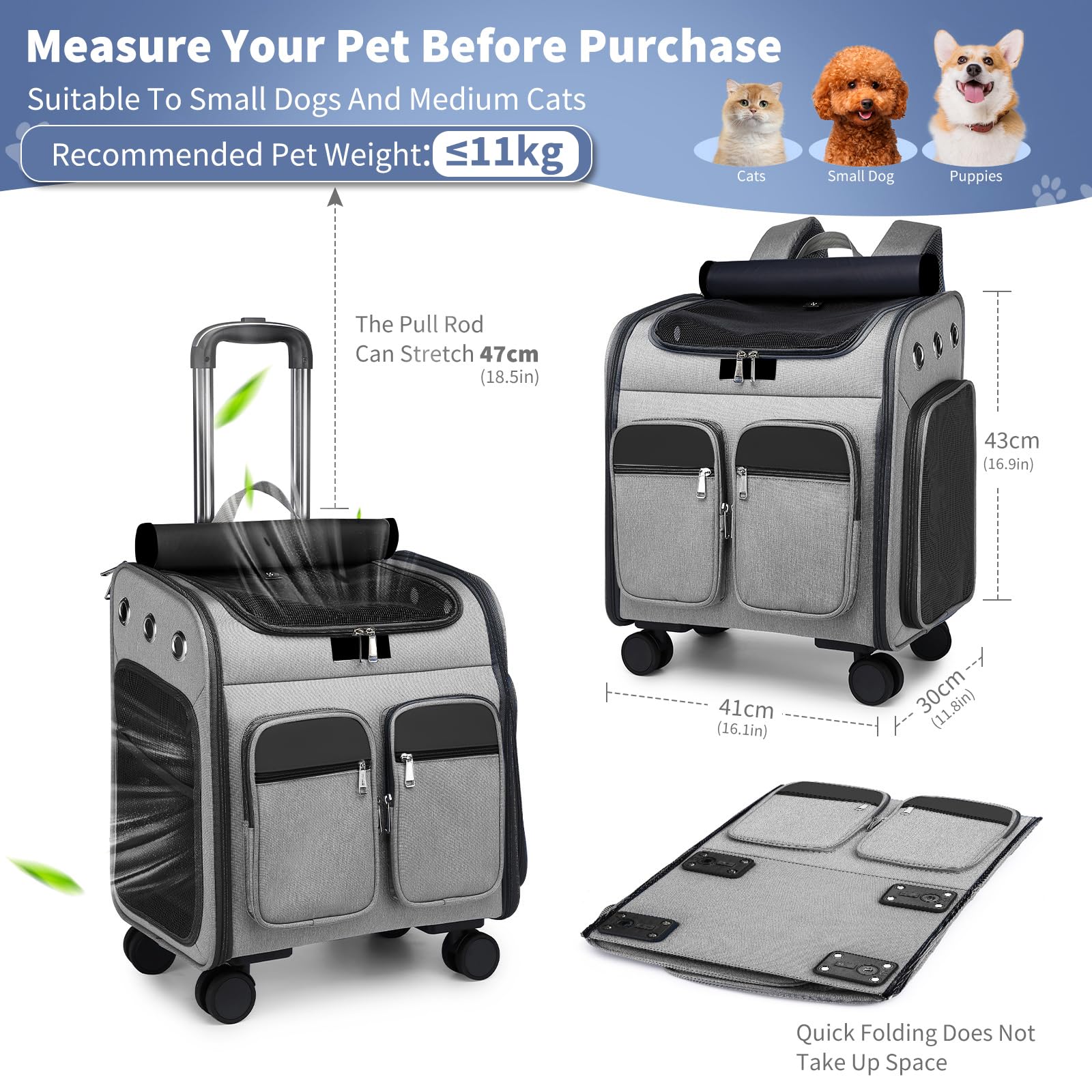 PETCUTE Sac à Dos de Transport pour Chat avec Roues,Respirant Sac à roulettes pour Chat Chien 11 kg,Pliable Sac de Transport Chats avec Poches Rangement,Tapis Amovible,Poussettes pour Chat/Chiens
