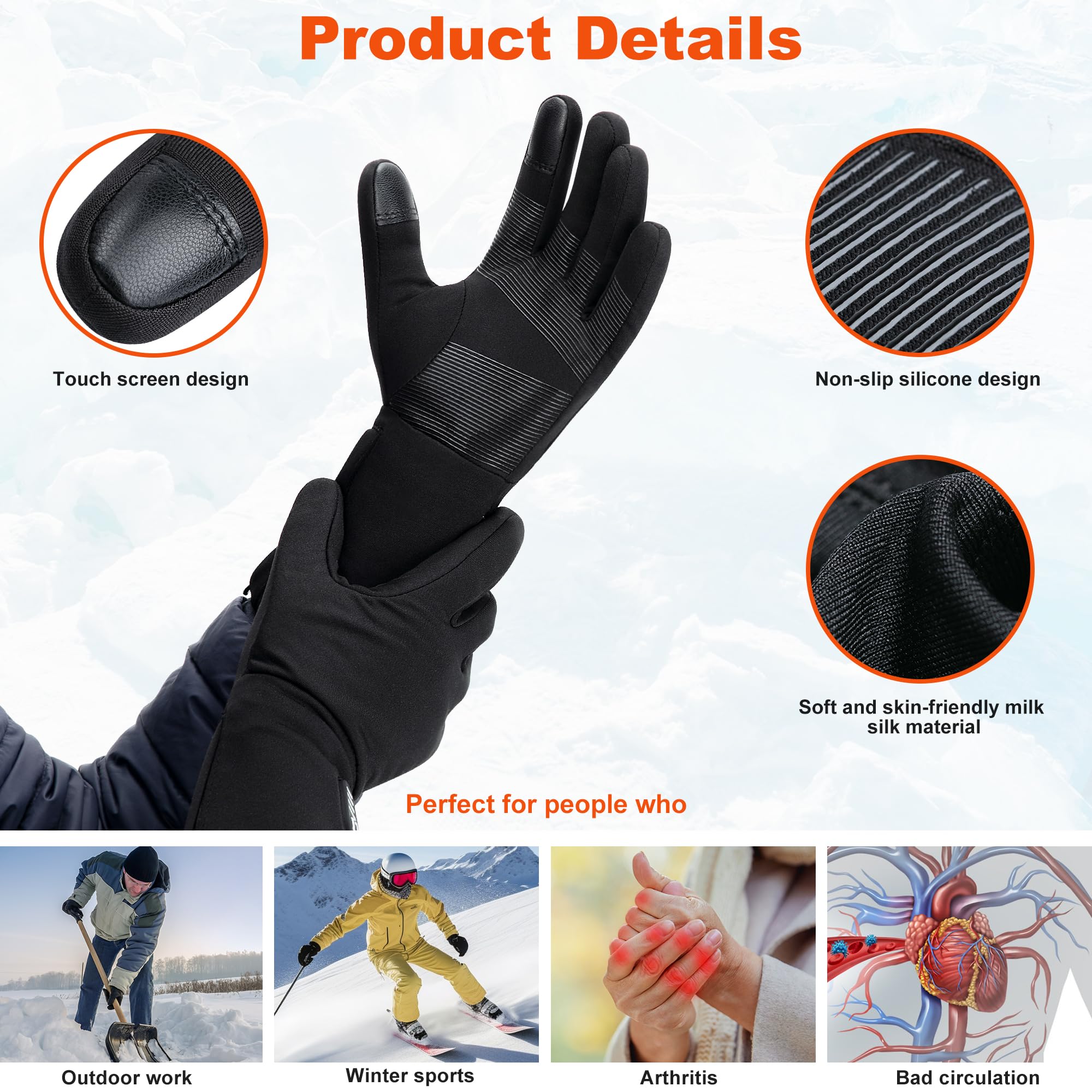 ThxToms Heated Gloves for Men & Women, Electric Battery Heated Gloves for Raynauds & Arthritis, Ultra Thin Soft Touchscreen Hand Warmers for Ski, Hiking & Cycling