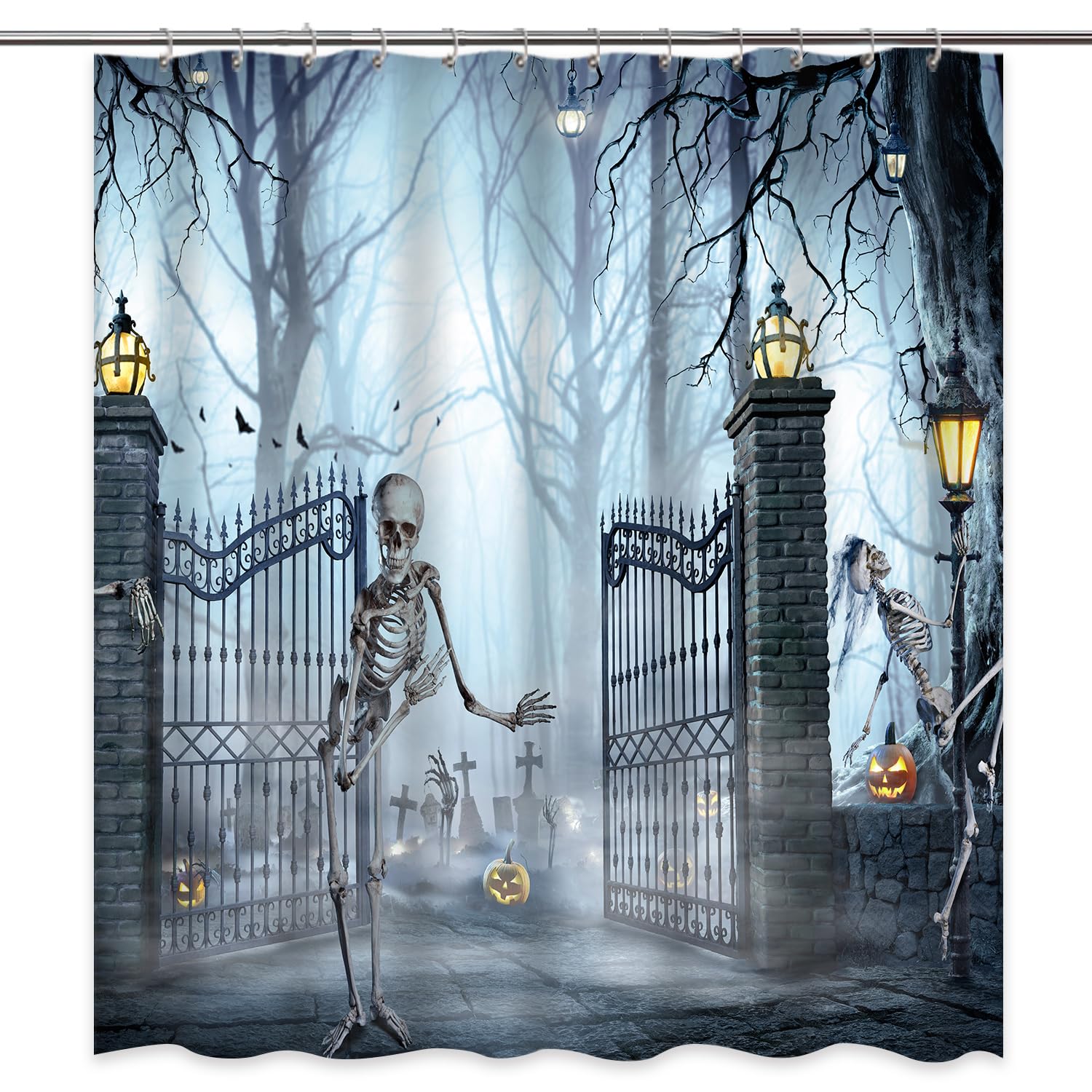 Lindameler Halloween Duschvorhang-Set – Gruselig-lustig Mit Skelett & Kürbis, 183x183 Cm, Wasserdicht