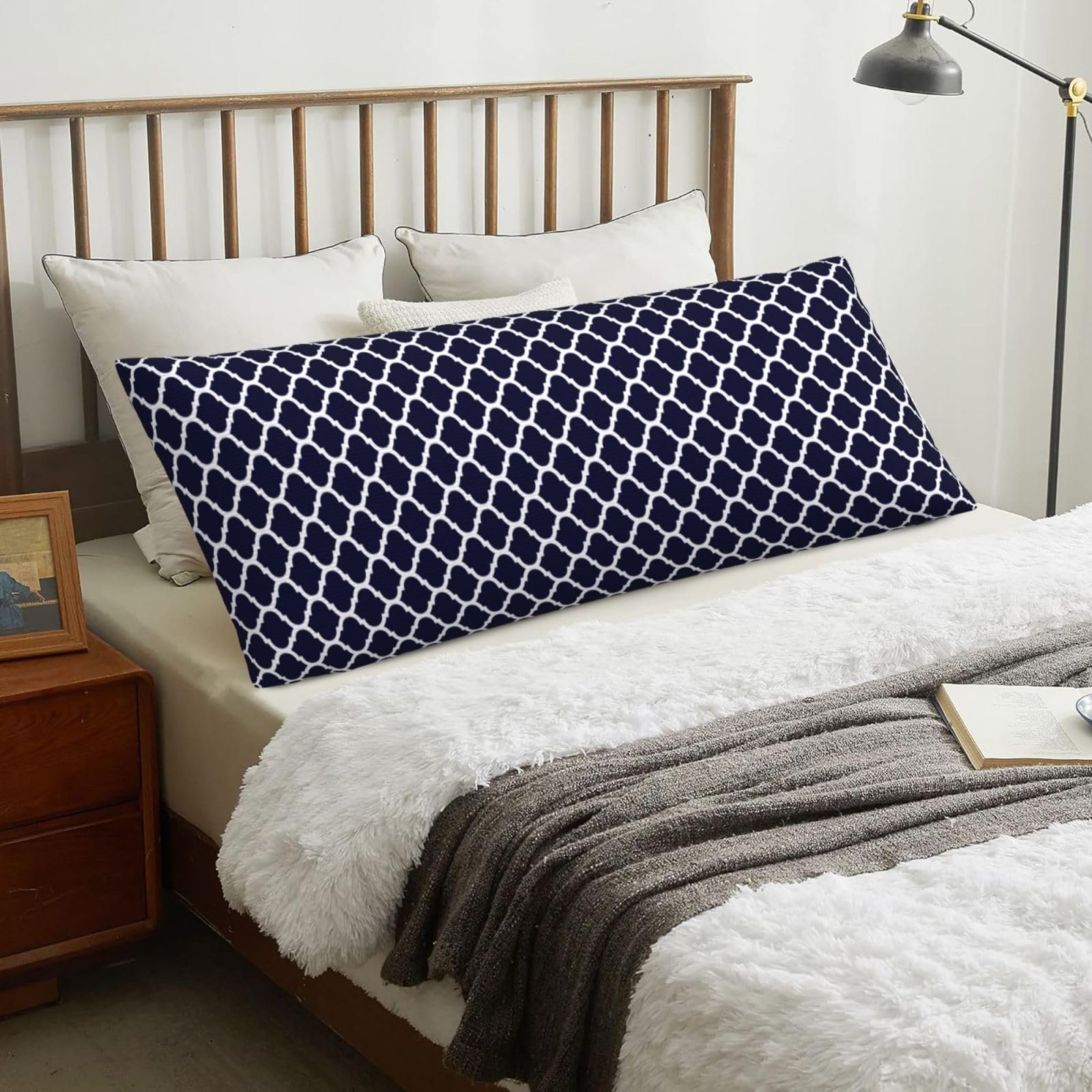 Modern Navy Blue Moroccan Geometric, Body Pillow Cover with Zipper,Long Body Pillowcase 20 x 60 in