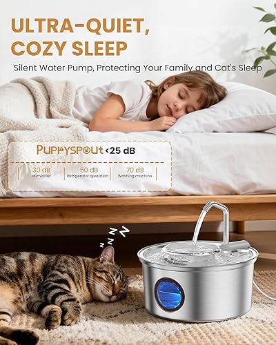 Miniatura 7 de Fuente de agua para gatos de acero inoxidable, fuente ultra silenciosa para gatos de 108 onzas  3.2 L para beber con cuenco de agua extraíble,