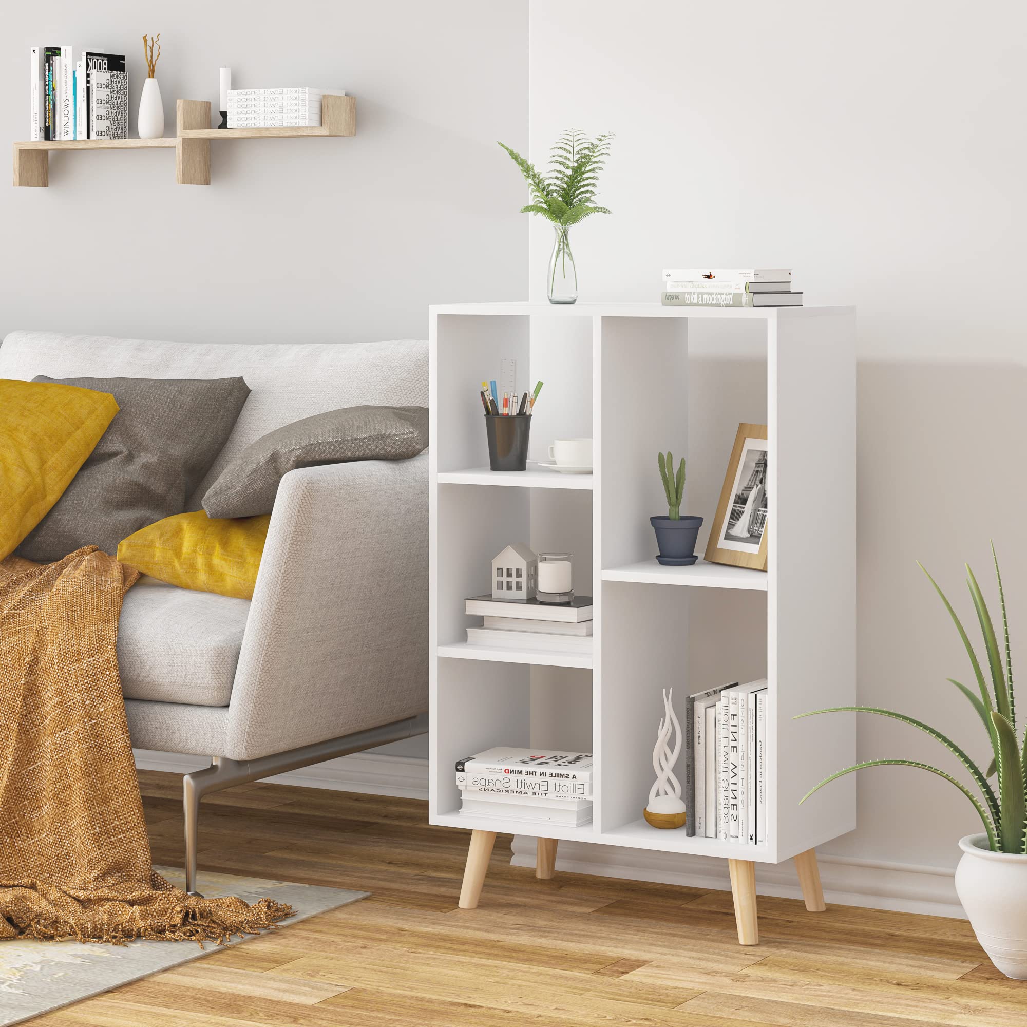 WOLTU Estanteria para Libros de 5 Compartimentos Abiertos, Libreria para Oficina de Casa con Patas de Madera, Mueble Blanco de Almacenamiento para Libros, 60x30x95cm, SK011ws