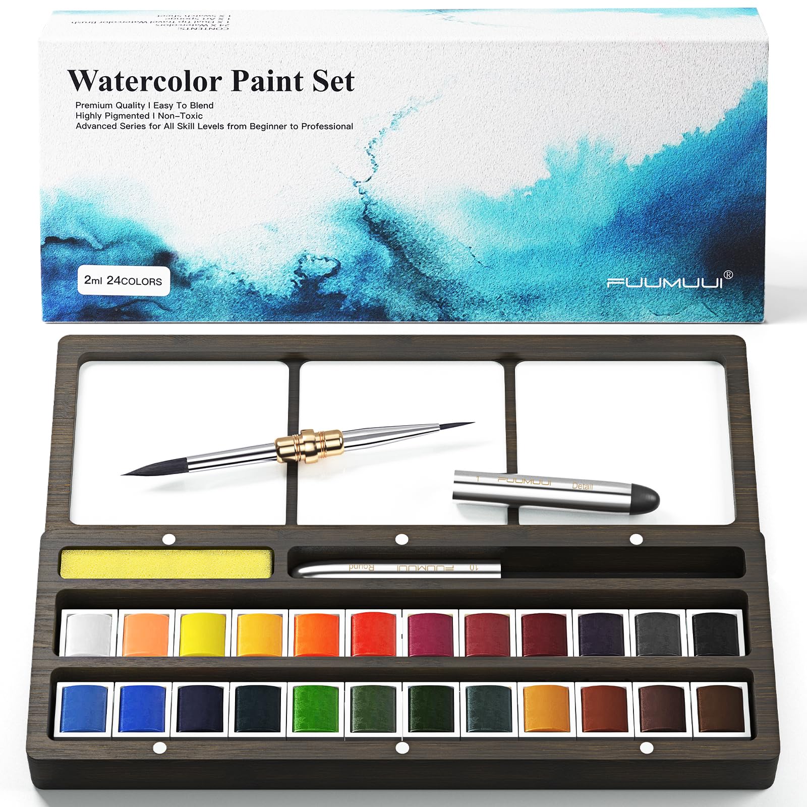 Fuumuui Watercolor Paint Set, 24 Watercolor Paints with Dual Tip Travel Watercolor Brushes Wooden Palette, Art Supplies for Painting, Travel Watercolor Set, Amateur Hobbyists — image 1