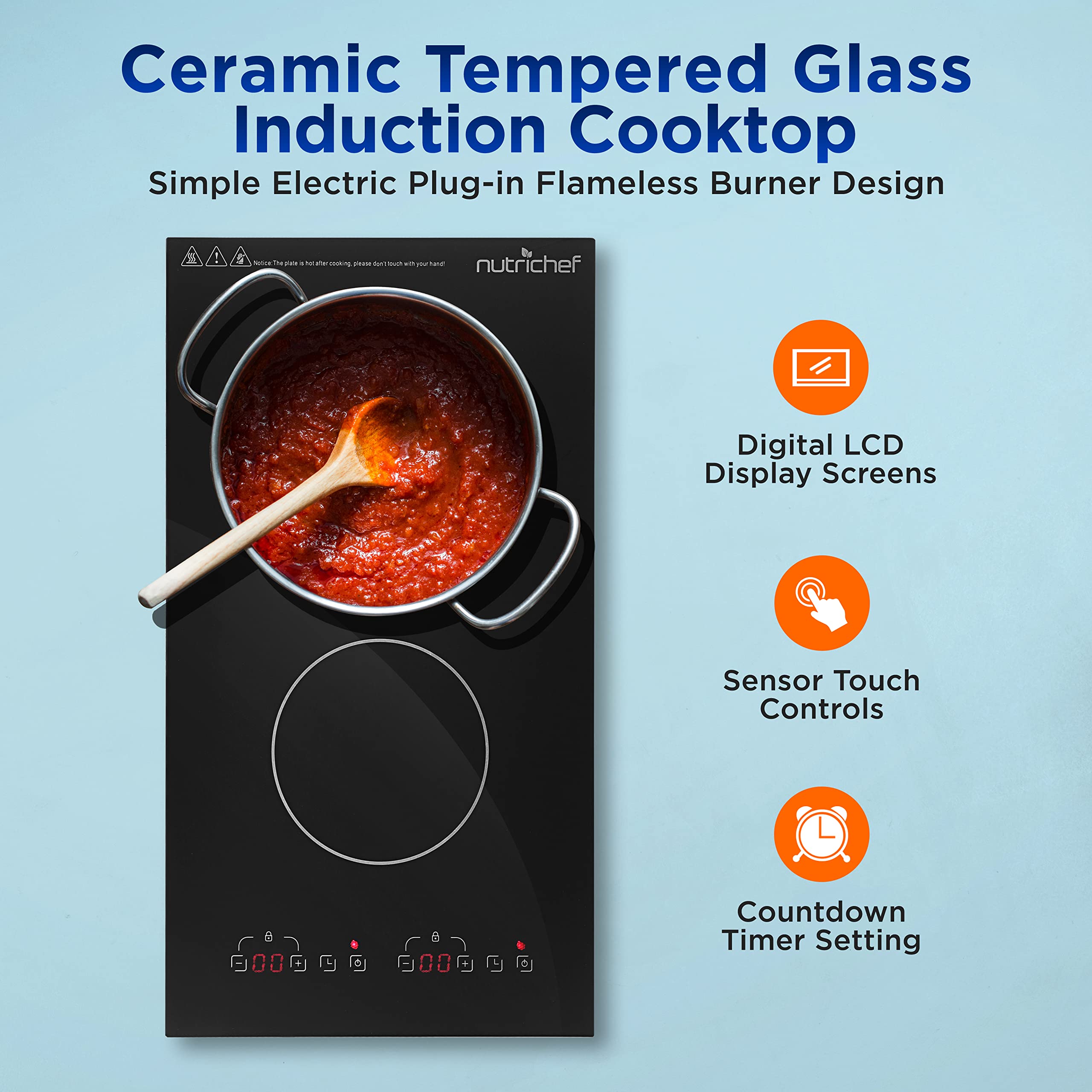 NutriChef Kitchen Dual Induction Cooktop - Kitchen w/ Digital Display, Stain-Resistant, Compact & Space Saving, 1800 Watt Heating Element Power, 9 Levels Power Setting