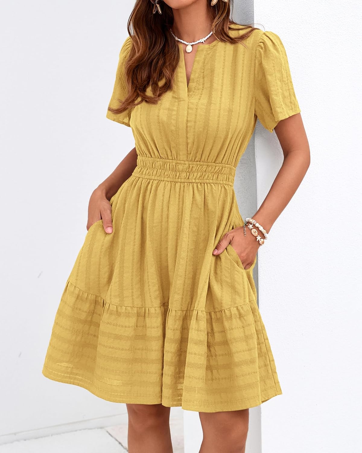 BTFBM Womens Spring 2026 Casual Mini Dresses Lightweight Short Sleeve V Neck Elastic Waist Cute Boho Beach Dress Pockets - Image 3