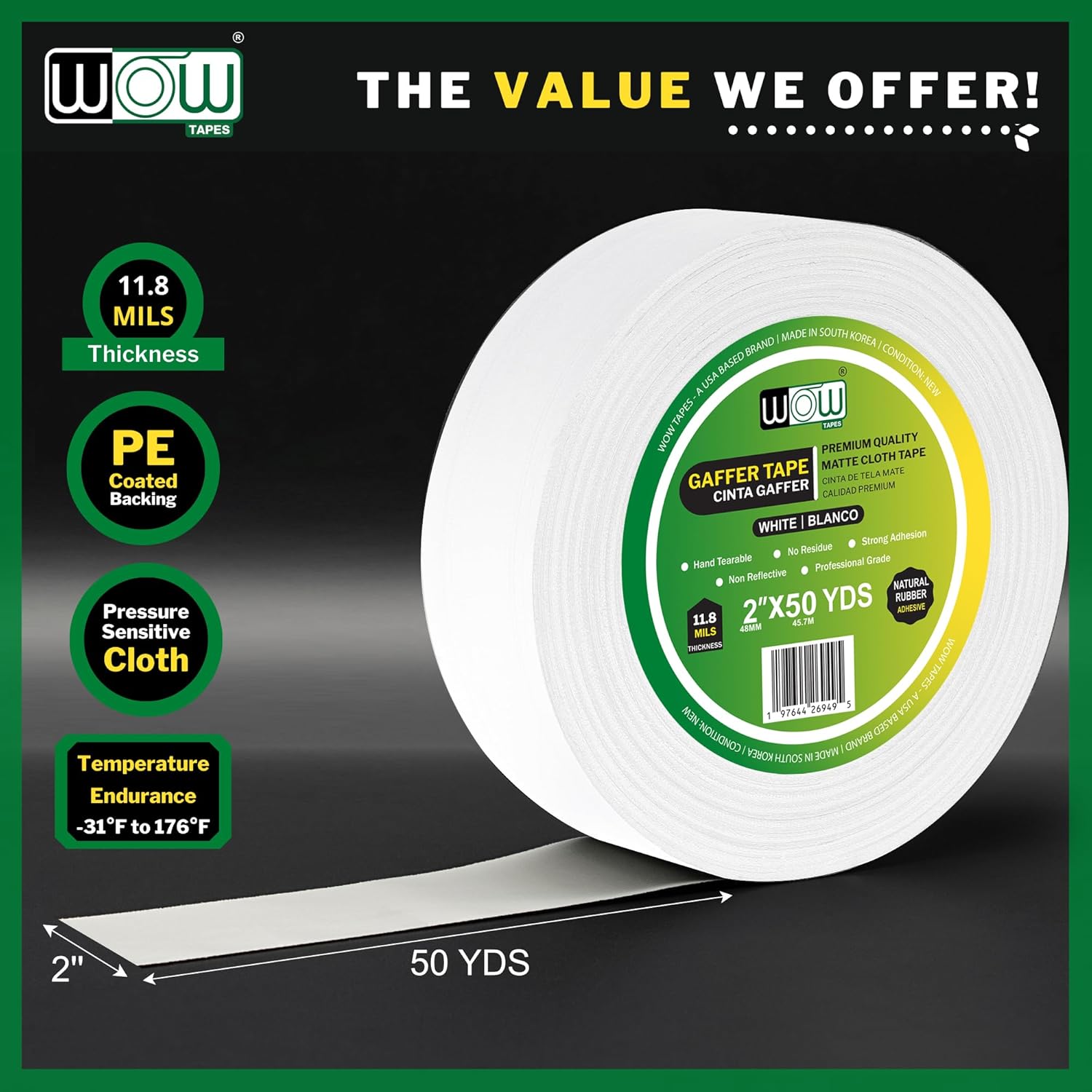 Wow Gaffers Tape 2 Inch White - 50 Yards (Case of 24), Residue Free, Non-Reflective & Heavy-Duty - Professional Grade Gaff Tape - Ideal for Photography Backdrop, Cables, Cords & Floor Taping