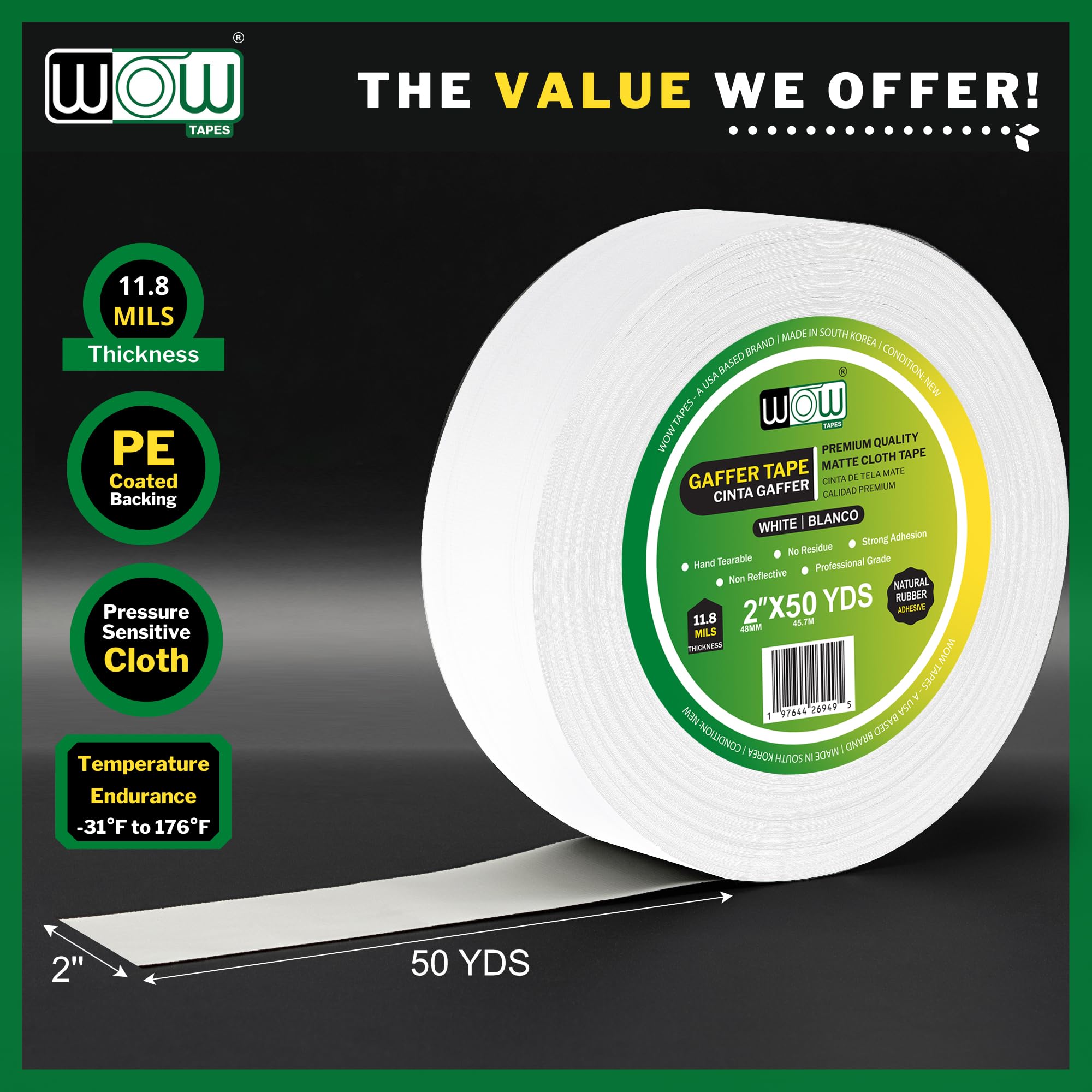 Wow 6 Rollen Gaffers-Klebeband, 5,1 cm – 45,2 m, rückstandsfrei, nicht reflektierend und robust, weiß, professionelle Qualität, ideal für Fotohintergründe, Kabel