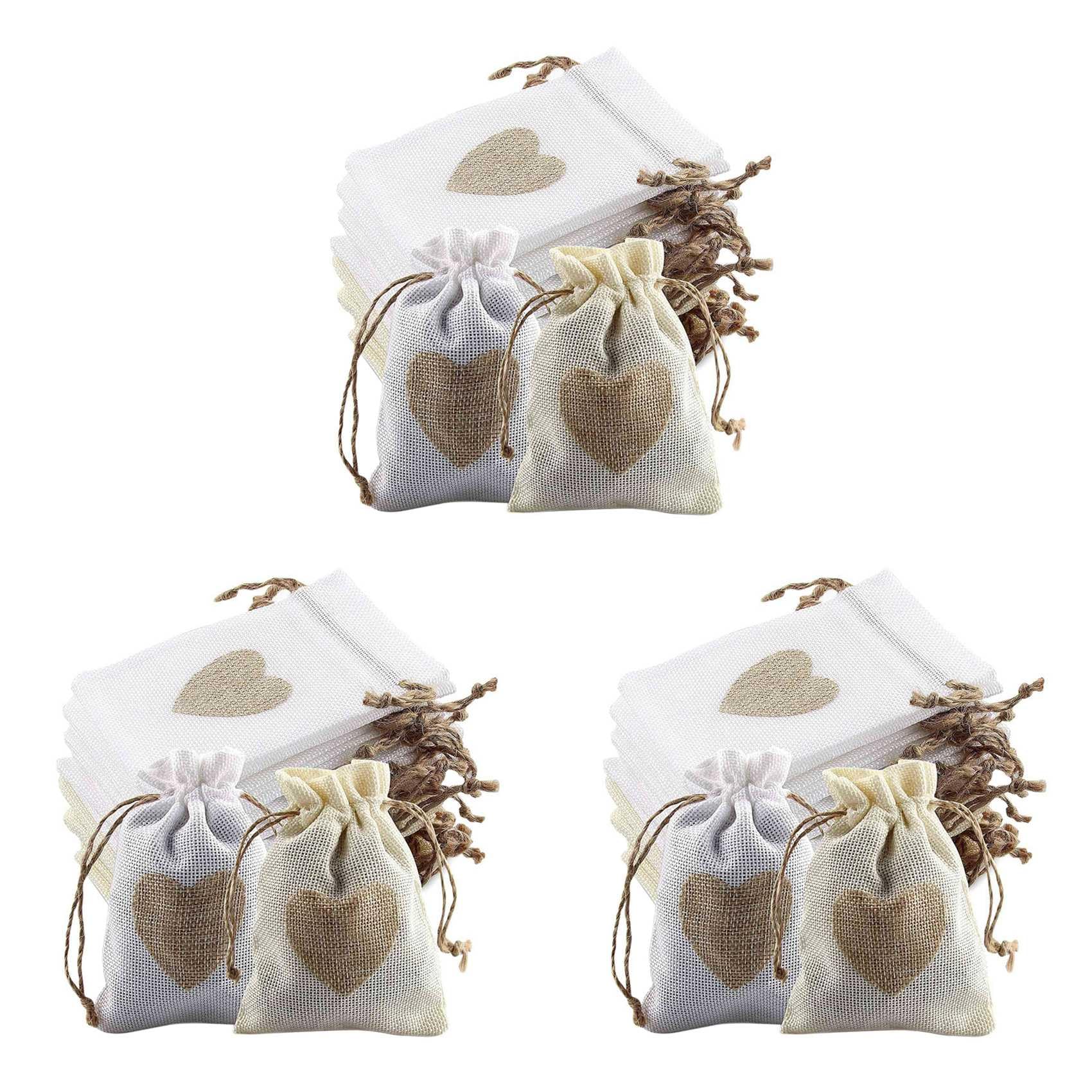 Hndhbfgrt 72Pcs Burlap Pouches with Drawstring and Heart Pattern Candy Gift Bag Jute Pouch Baptism Bag Wedding for Stuffing Bag