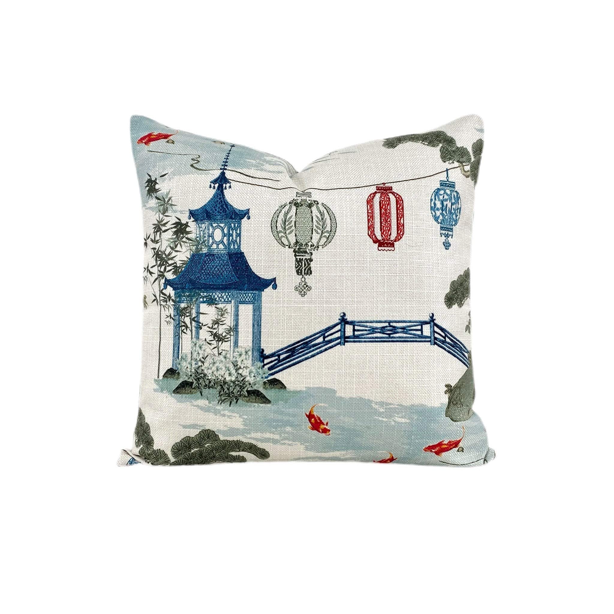 Single-Print Blue and Red Chinoiseries Pillow Cover 16 x 16 inches Asian Scenic Pillow Cover - Blue and Red Pillow Cover - Blue Oriental Pillow Cover Square Decorative Throw Pillow Case for Home Decor