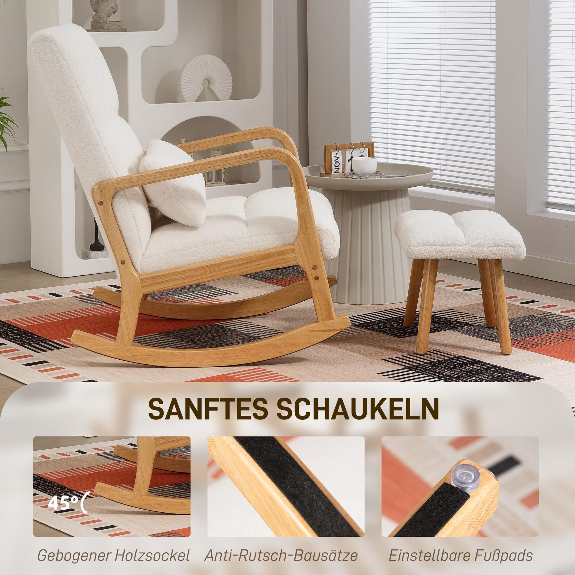 HOMCOM Schaukelstuhl mit Hocker Fleece-Bezug Armlehnen Holzkufen Weiß | Schaukelsessel, Breit Sitz, Hohe Rückenlehne, Gepolstert, Schwingsessel, Relaxsessel, Wohnzimmer, Schlafzimmer