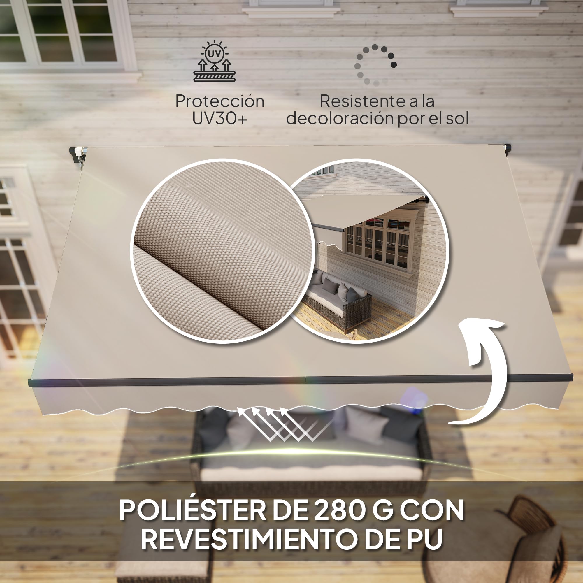 Outsunny Toldo Manual Retráctil 360x220 cm con Manivela de Aluminio Crema | 3 Brazos, Protección UV30+, Toldo Enrollable de Exterior, para Jardín Terraza Ventanas