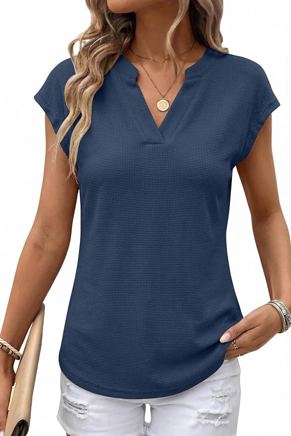 AUMORA Womens Waffle Knit V Neck Cap Sleeve T Shirts Summer Casual Solid Color Basic Tops for Women — Dark Blue