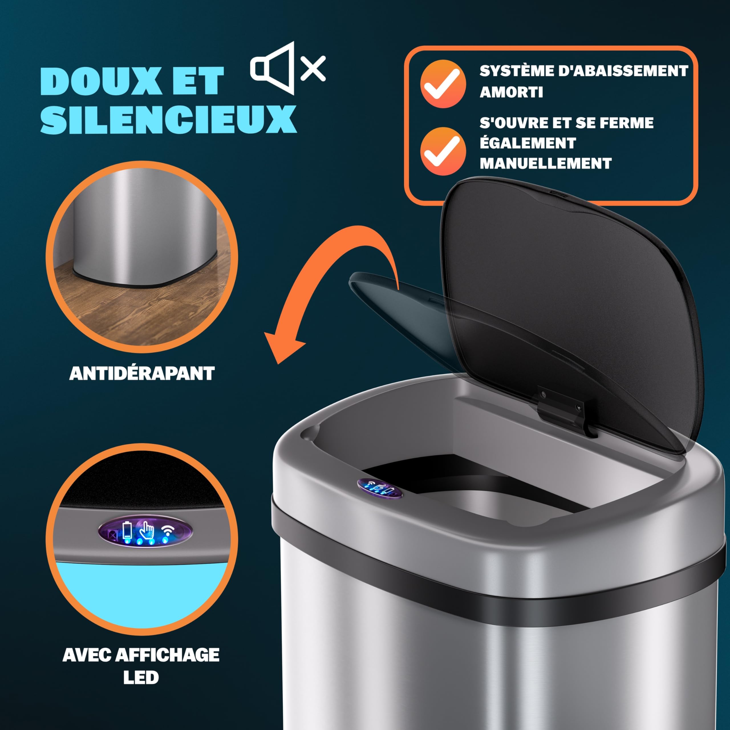 Monzana Poubelle automatique acier inoxydable 58 L capteur de mouvement USB argent